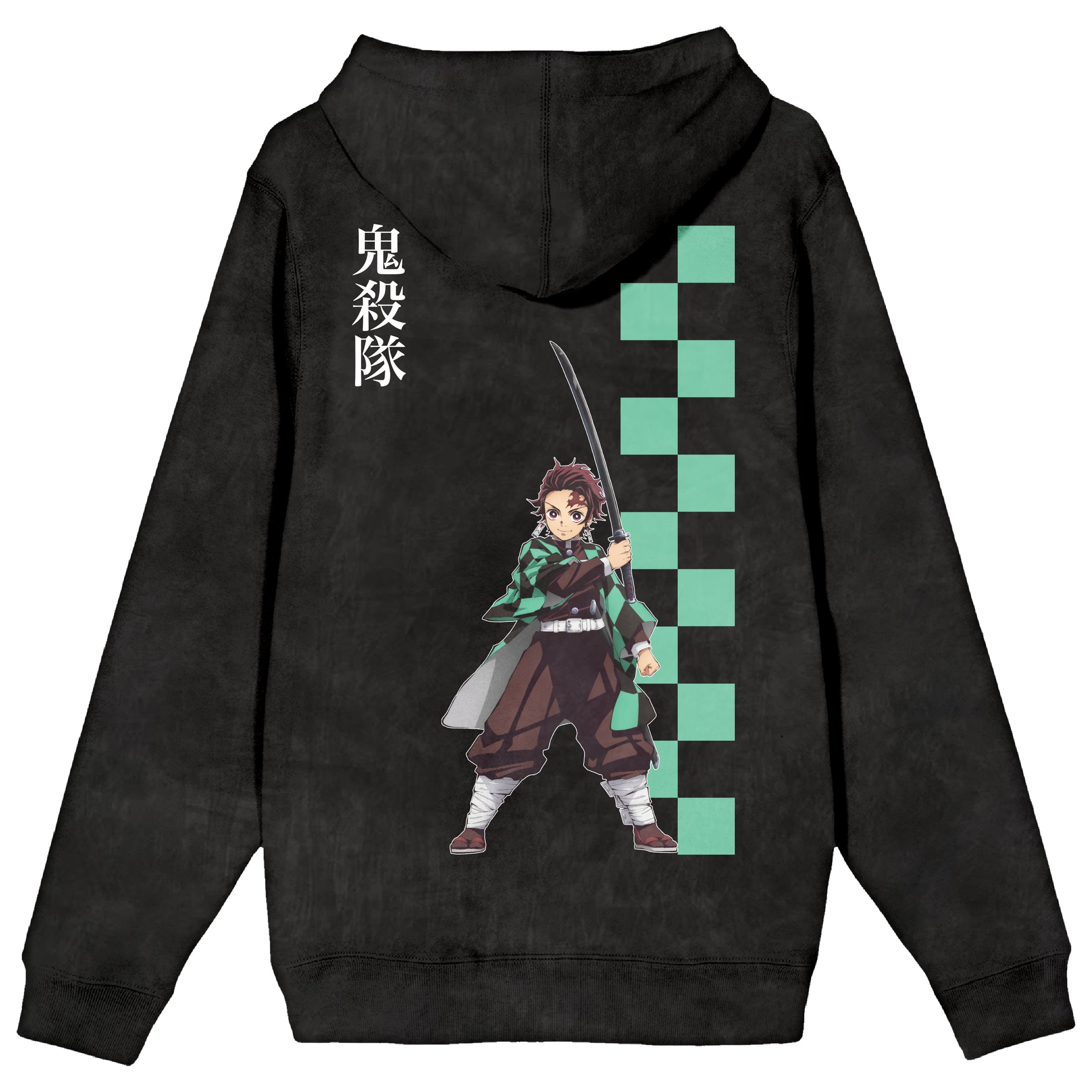 Demon Slayer Tanjiro Checkered Pattern Men's Black Mineral Wash Long Sleeve Hooded Sweatshirt