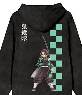 Demon Slayer Tanjiro Checkered Pattern Men's Black Mineral Wash Long Sleeve Hooded Sweatshirt