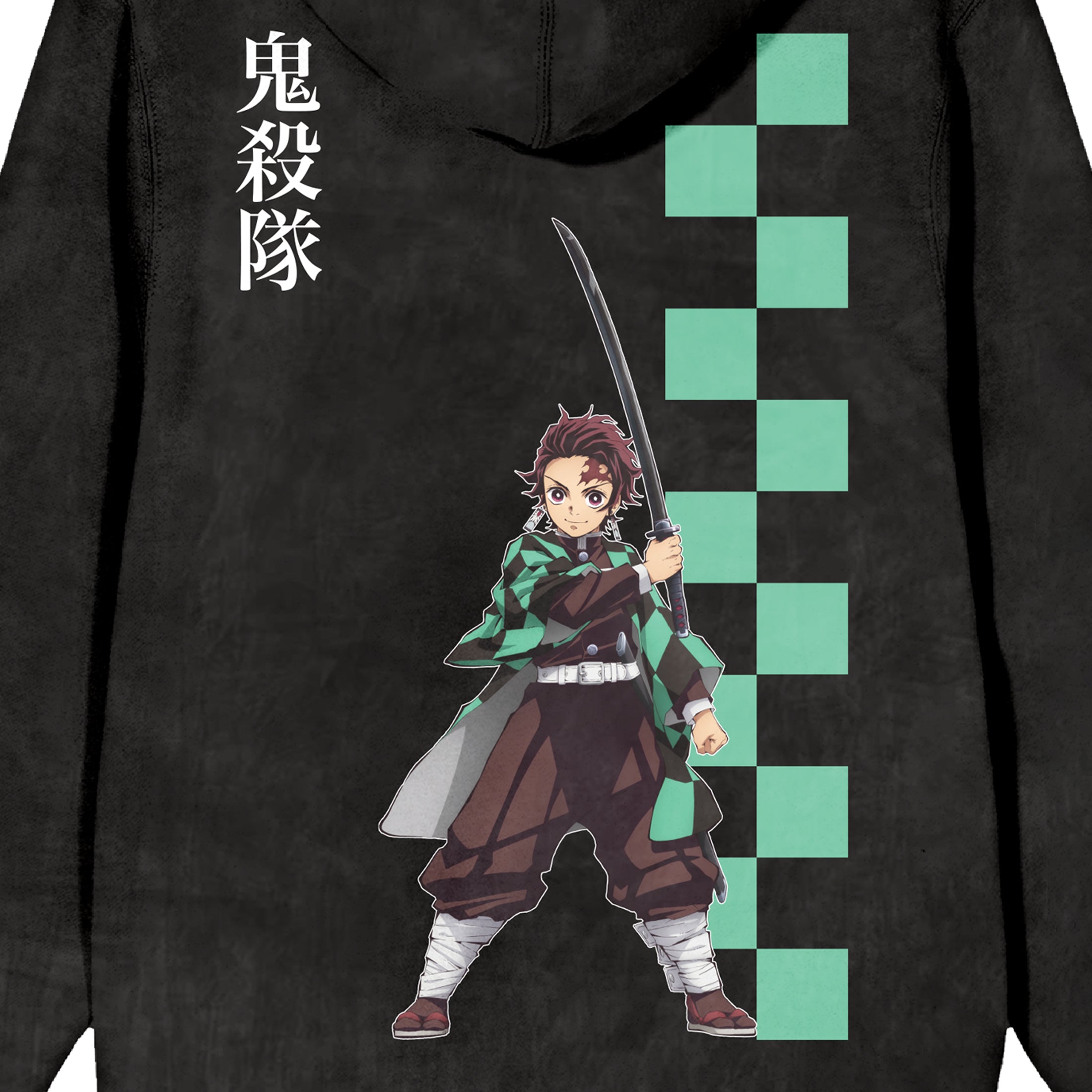 Demon Slayer Tanjiro Checkered Pattern Men's Black Mineral Wash Long Sleeve Hooded Sweatshirt