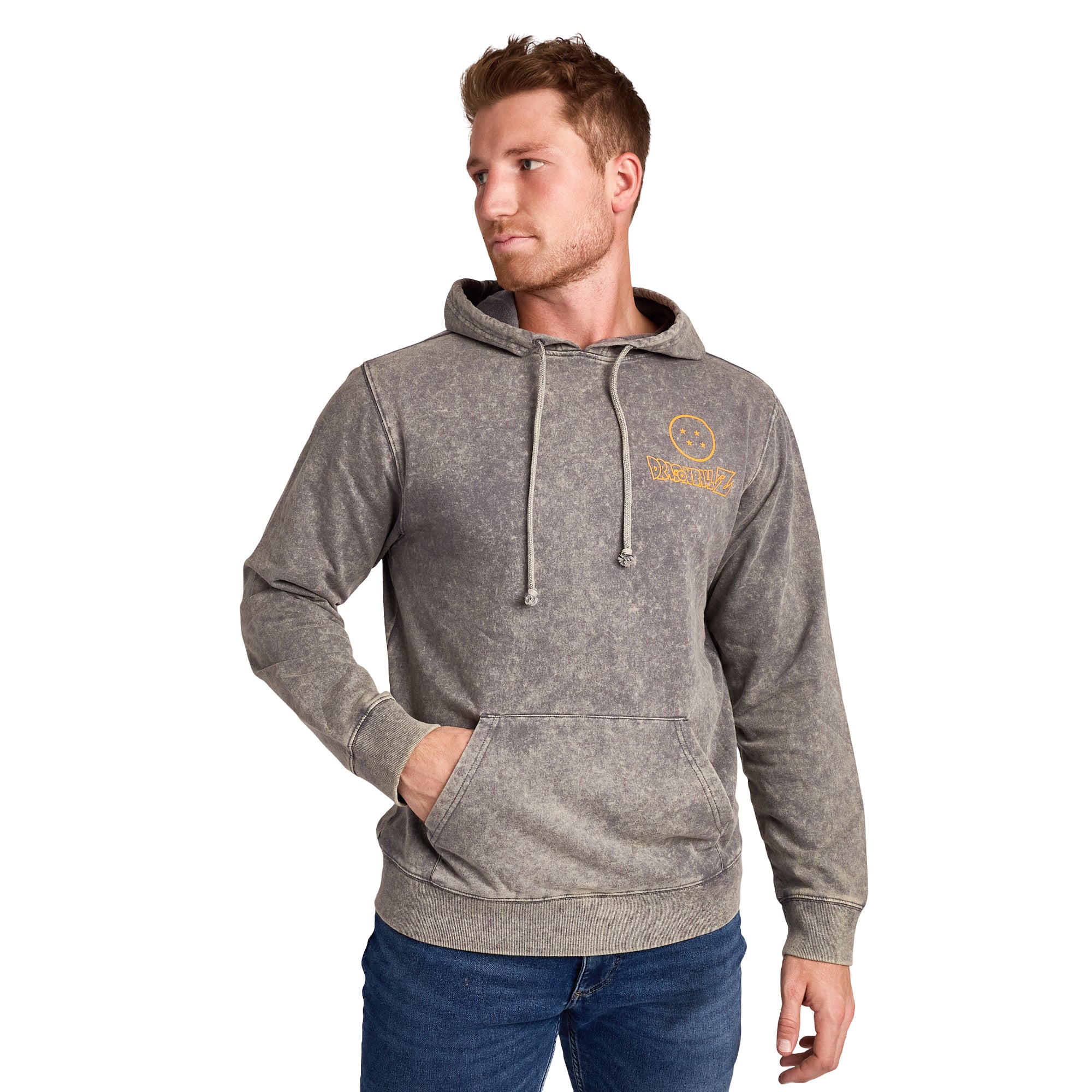 Dragon Ball Z Super Saiyan Goku & Kanji Men's Gray Mineral Wash Long Sleeve Hooded Sweatshirt