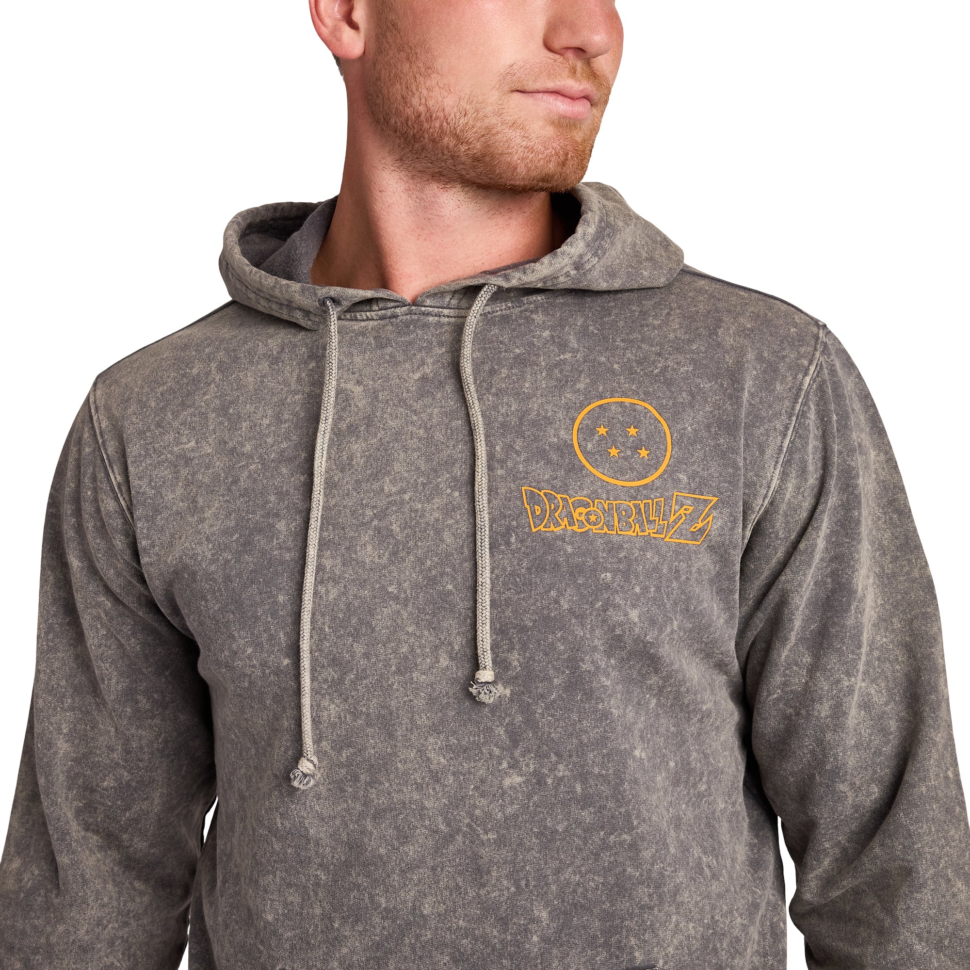Dragon Ball Z Super Saiyan Goku & Kanji Men's Gray Mineral Wash Long Sleeve Hooded Sweatshirt
