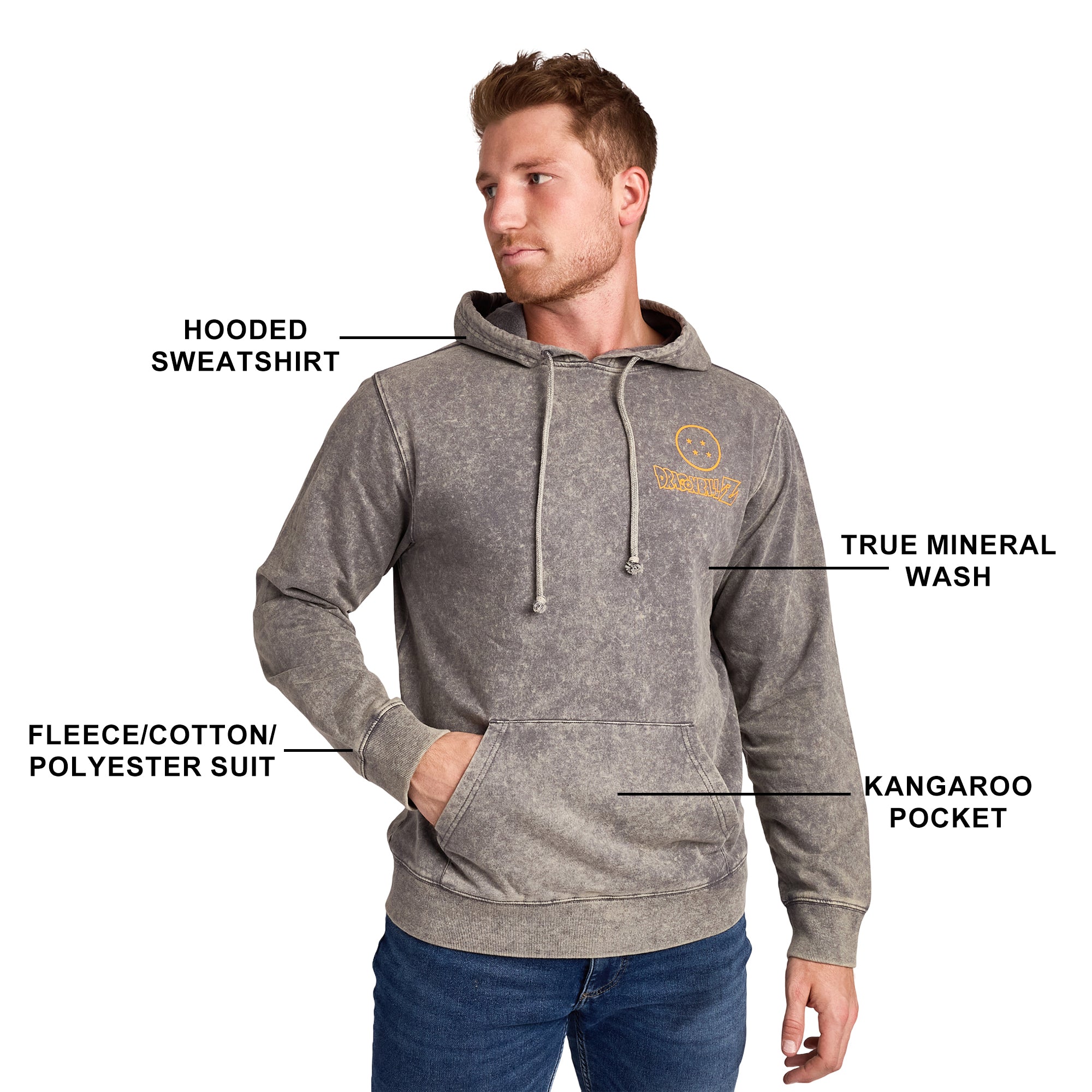 Dragon Ball Z Super Saiyan Goku & Kanji Men's Gray Mineral Wash Long Sleeve Hooded Sweatshirt