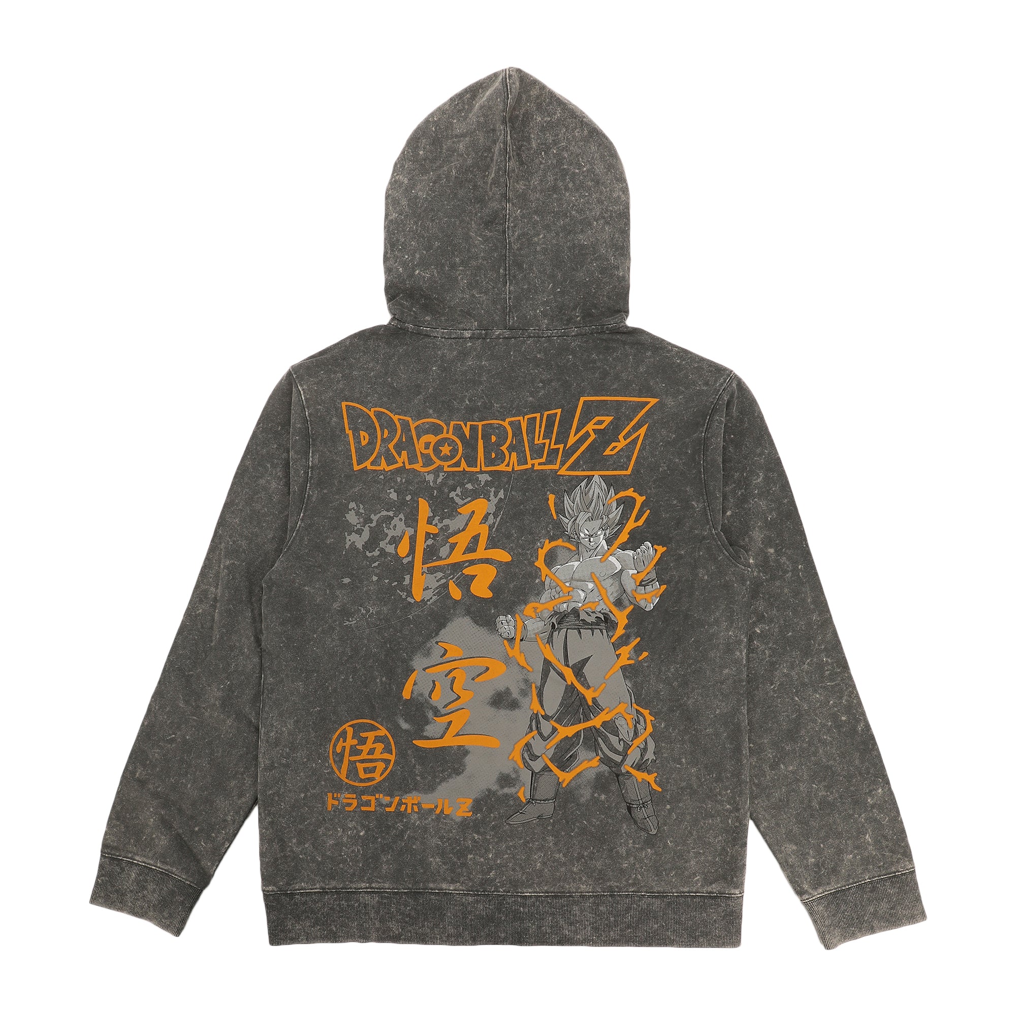 Dragon Ball Z Super Saiyan Goku & Kanji Men's Gray Mineral Wash Long Sleeve Hooded Sweatshirt