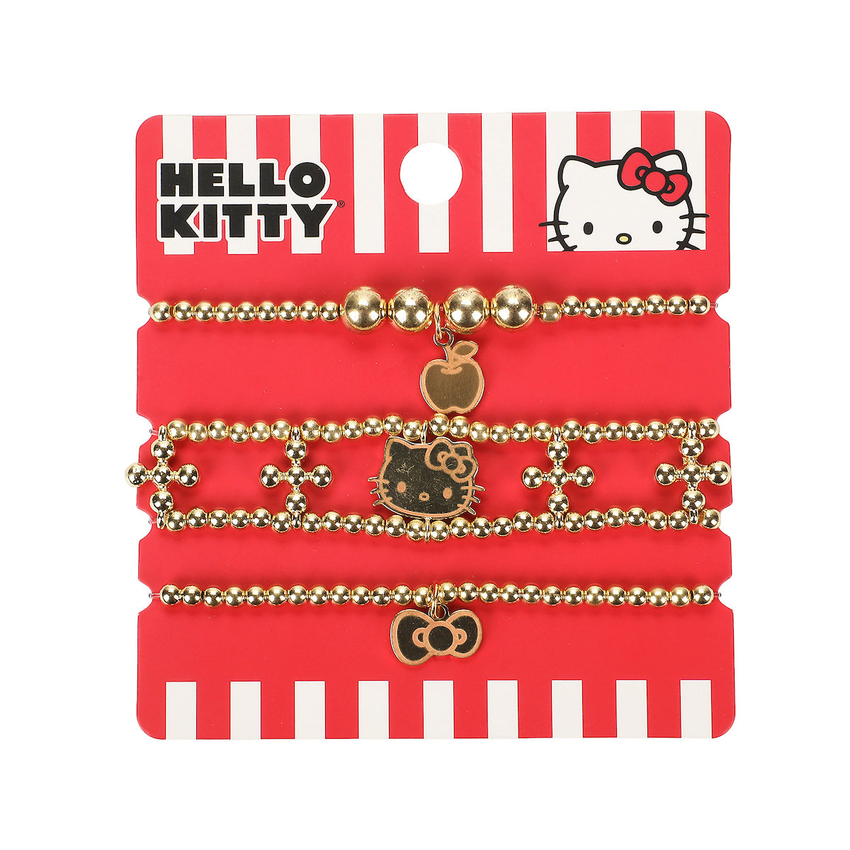 Hello Kitty Face Apple & Bow 3-Pack Golden Bracelet Set