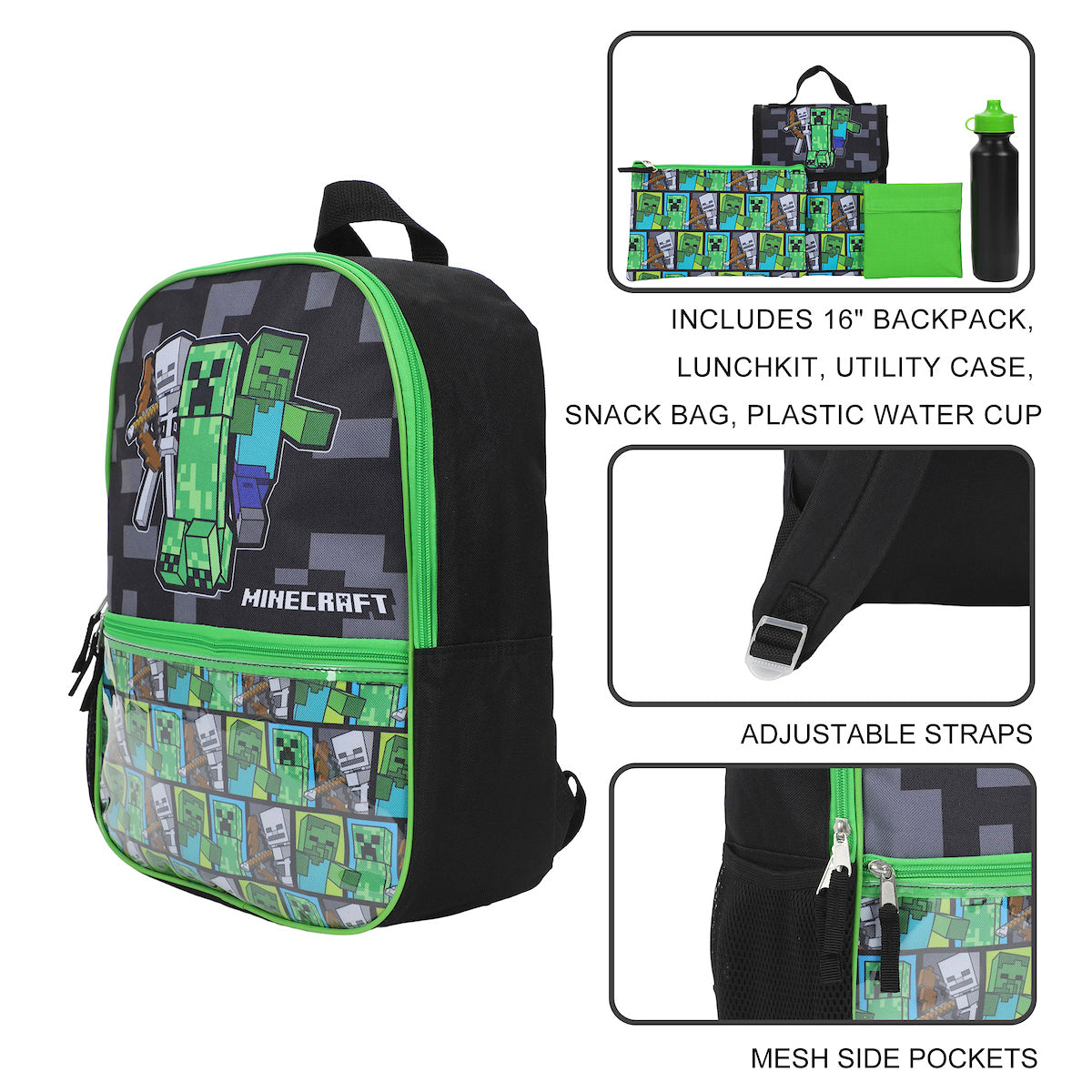 Minecraft Backpack Set with Lunch Box for Boys & Girls, 16 inch, 5 Piece Value Set
