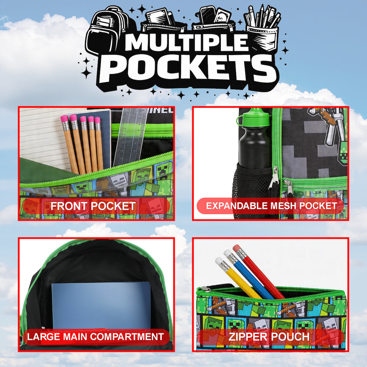 Minecraft Backpack Set with Lunch Box for Boys & Girls 16 inch 5 Piece Value Set