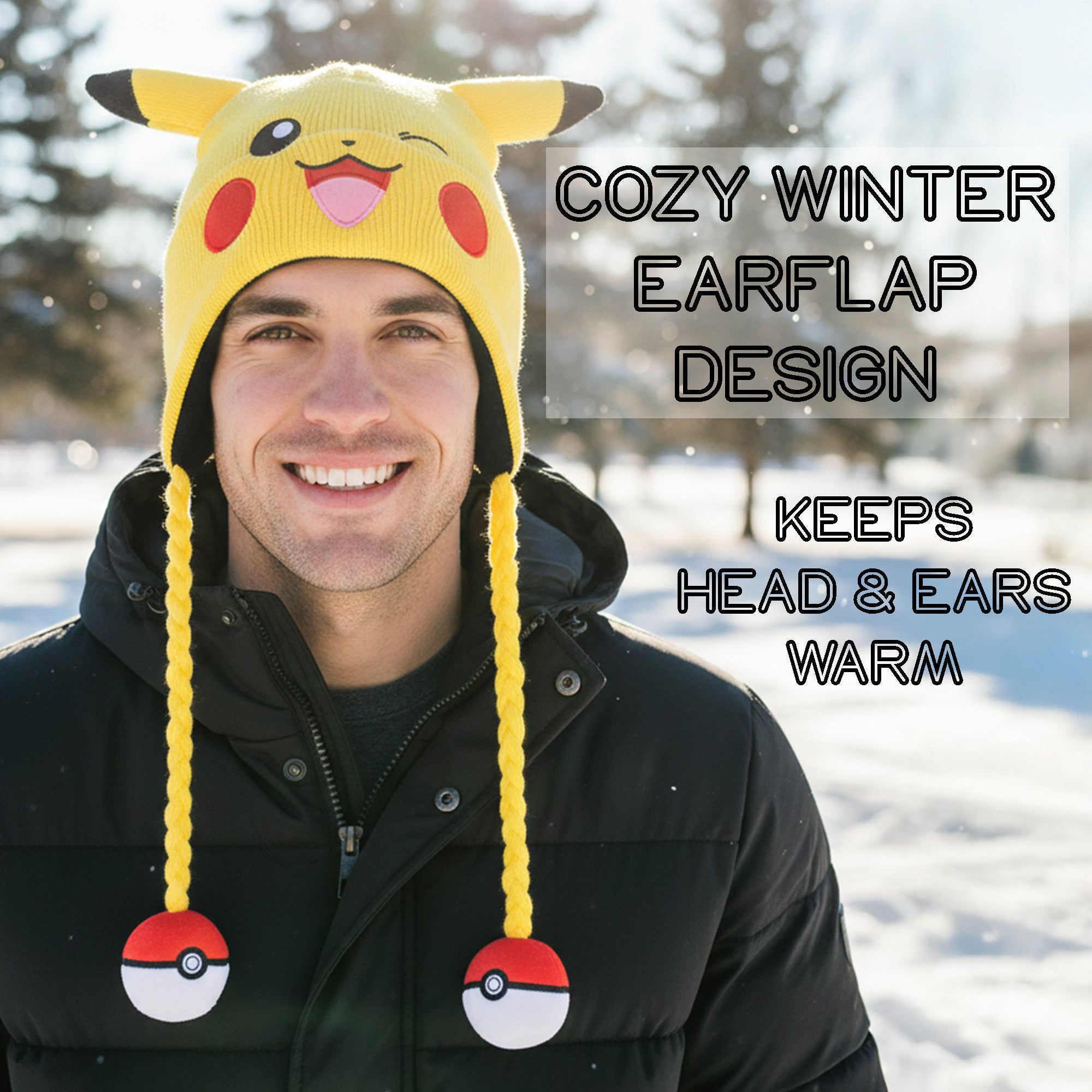 Pokemon Pikachu Laplander Hat With Fleece Pokeball Tassels