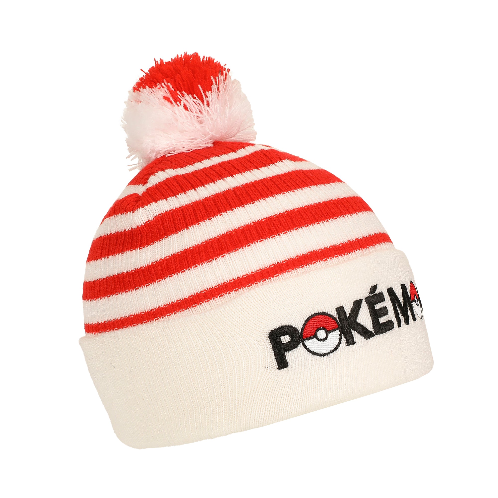 Pokemon Pokeball Plush Pom Red And White Stripes Cuff Beanie