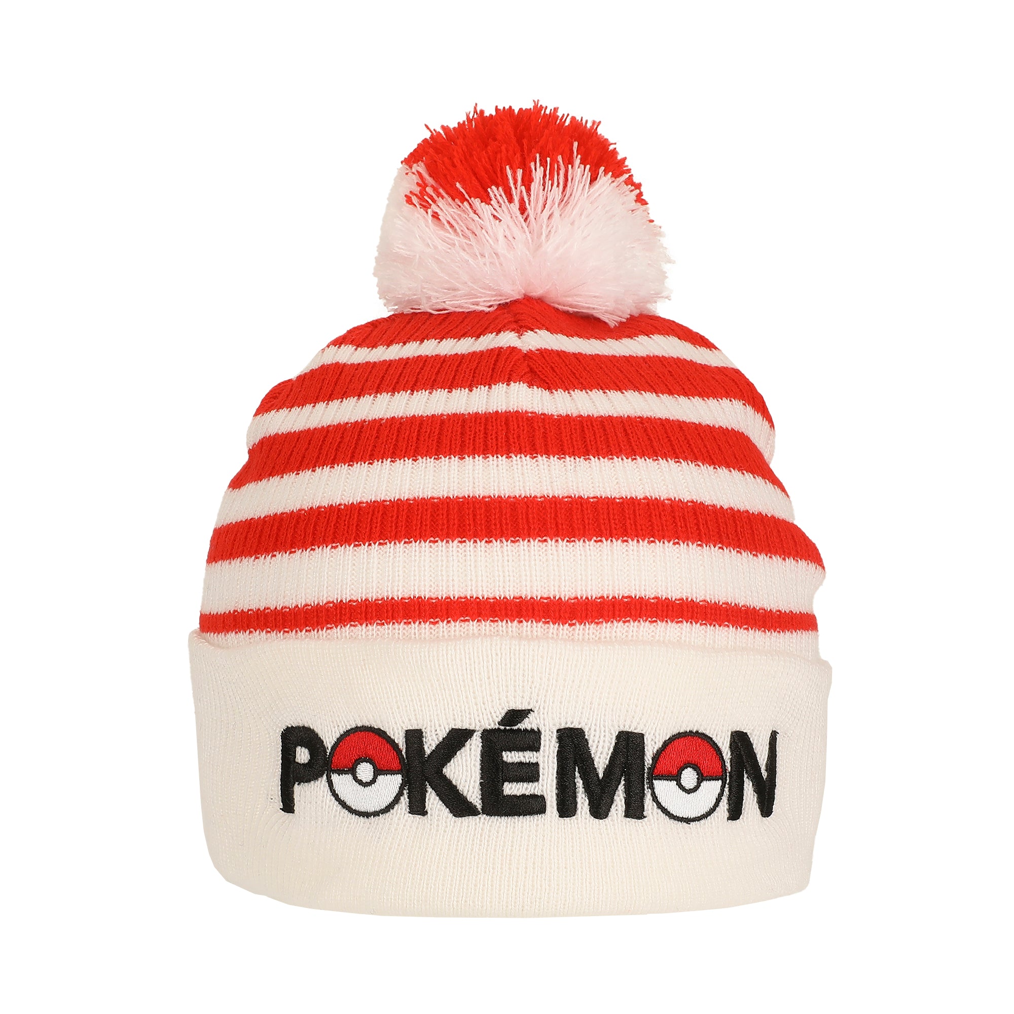 Pokemon Pokeball Plush Pom Red And White Stripes Cuff Beanie