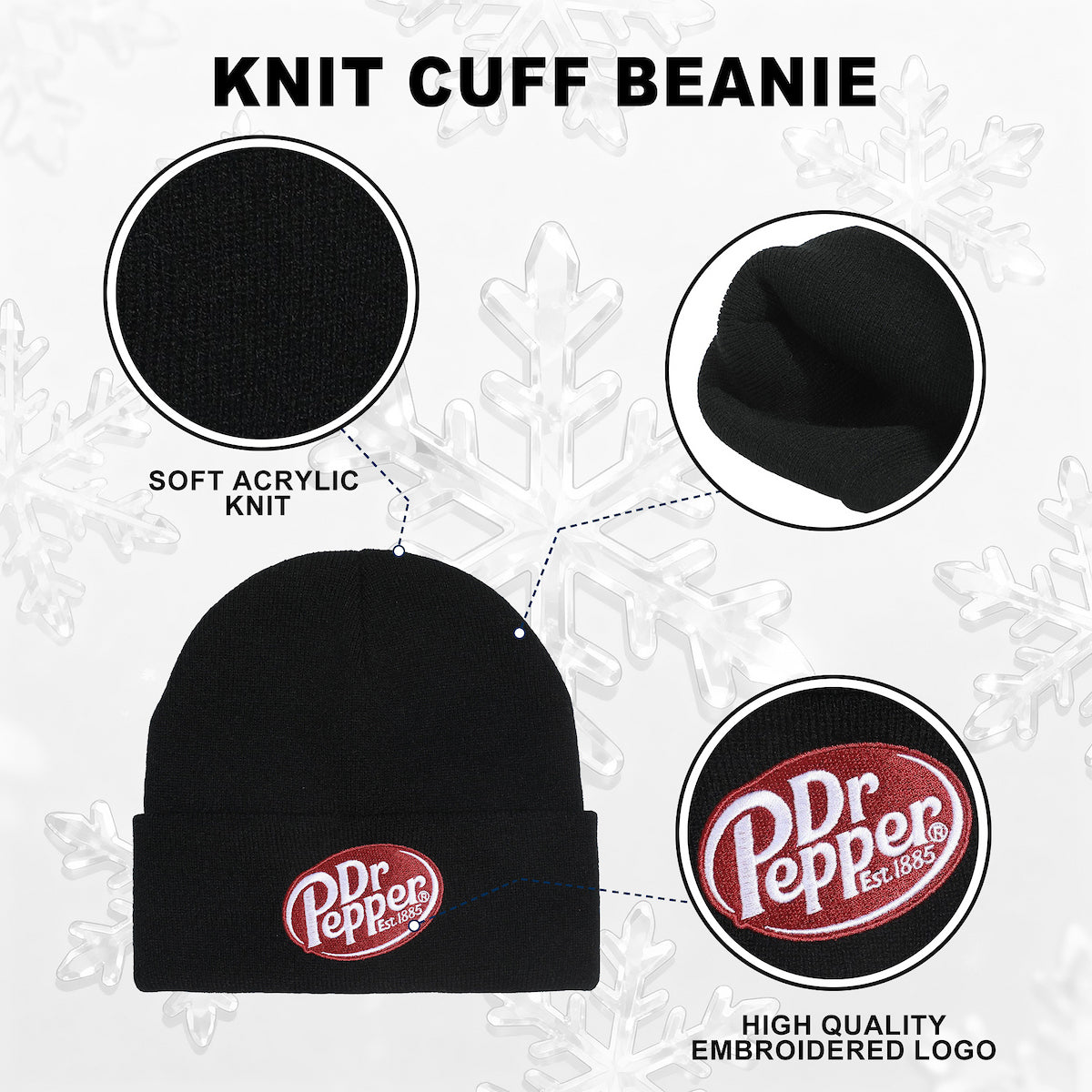 Dr Pepper Embroidered Black Knit Cuff Beanie for Adults