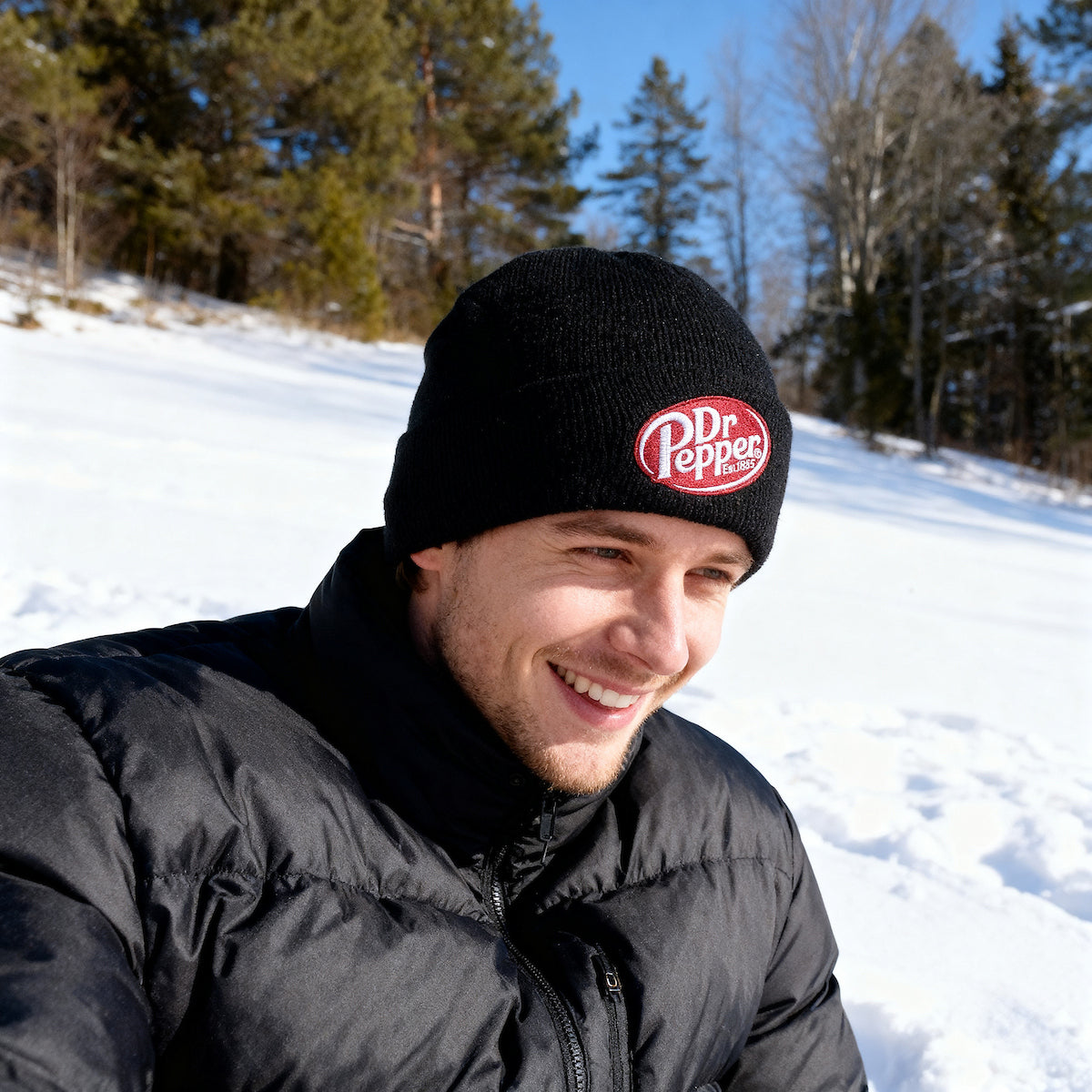 Dr Pepper Embroidered Black Knit Cuff Beanie for Adults