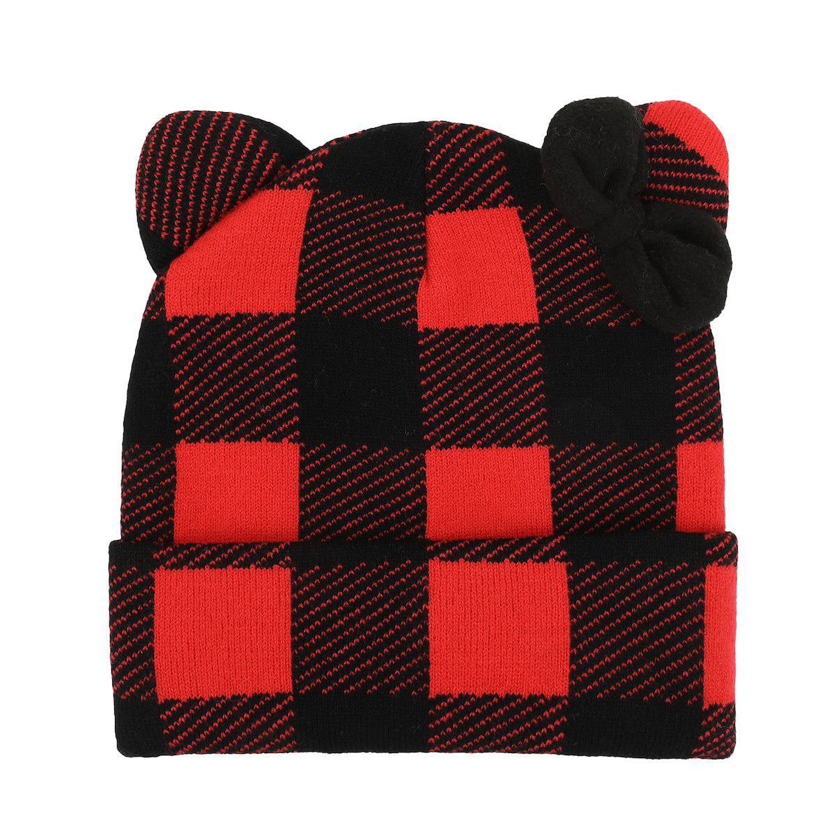 Hello Kitty Head Shape Red Plaid Cuff Beanie With Fleece Bow