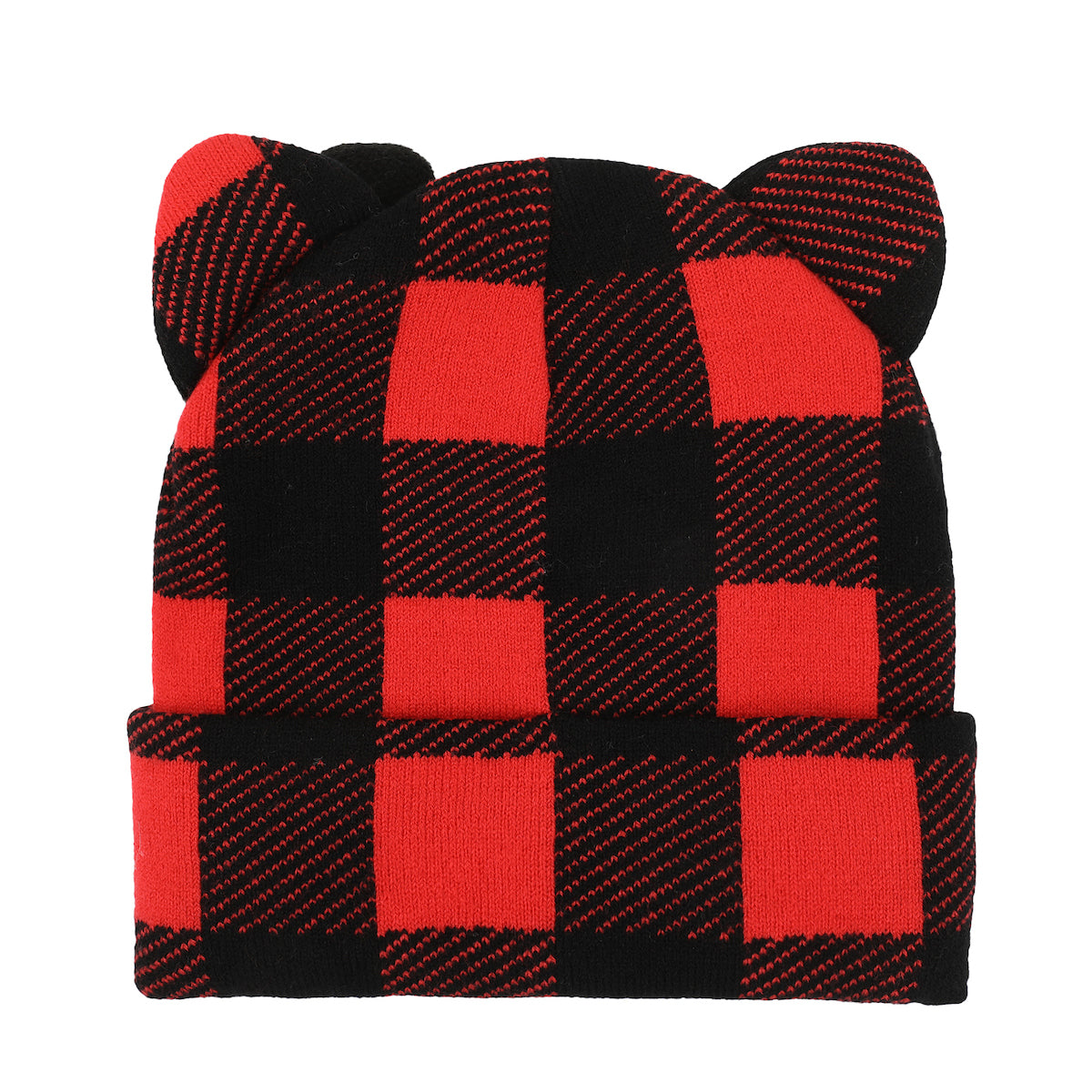 Hello Kitty Head Shape Red Plaid Cuff Beanie With Fleece Bow