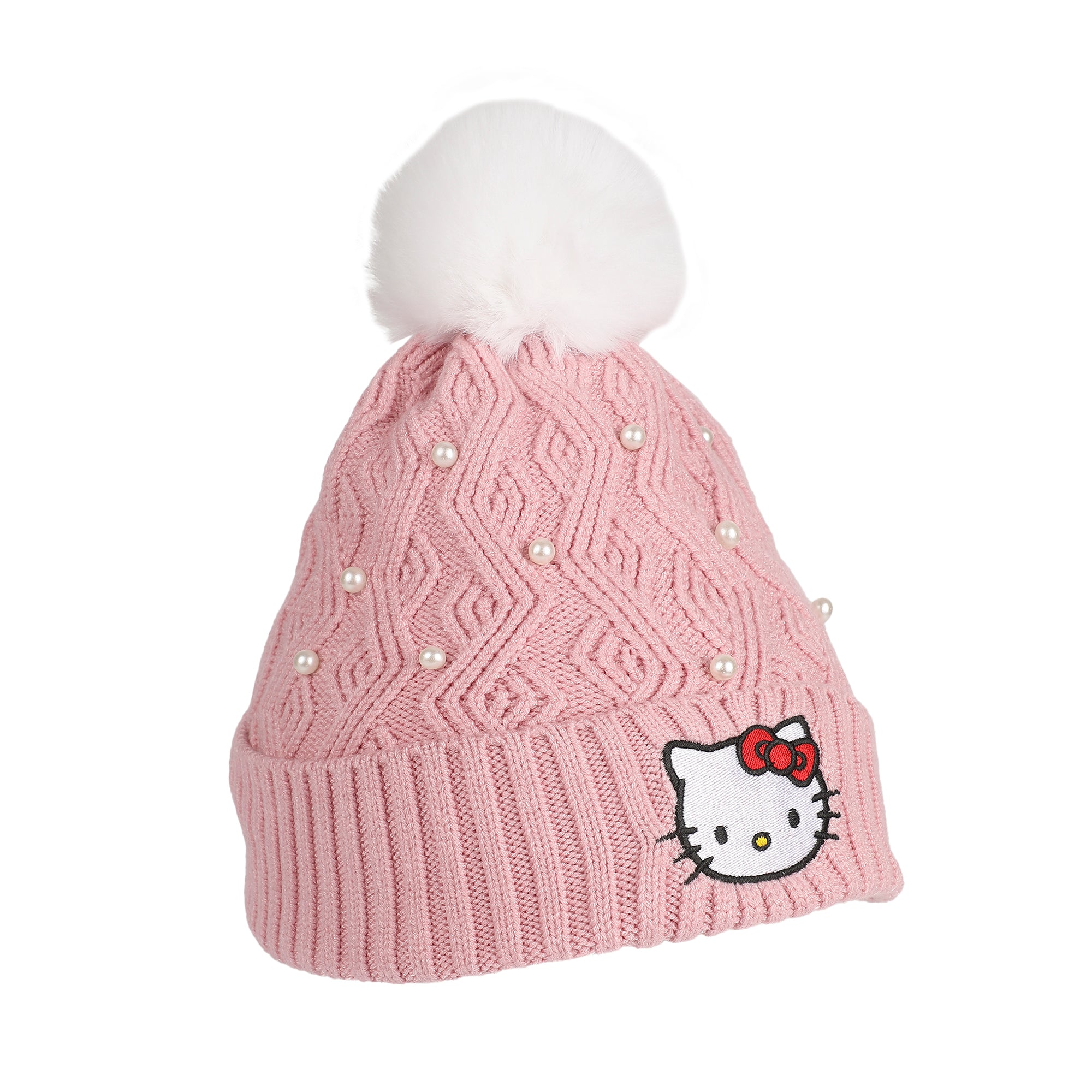 Hello Kitty Pink Knit With Faux Fur Pom Cuff Beanie