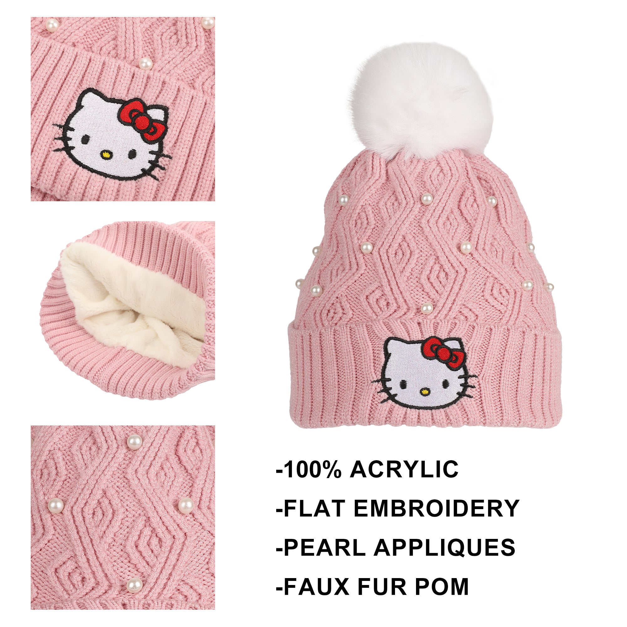 Hello Kitty Pink Knit With Faux Fur Pom Cuff Beanie