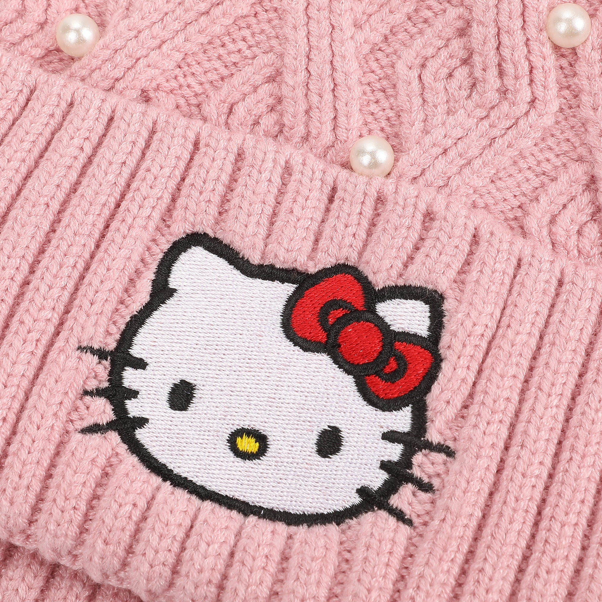 Hello Kitty Pink Knit With Faux Fur Pom Cuff Beanie