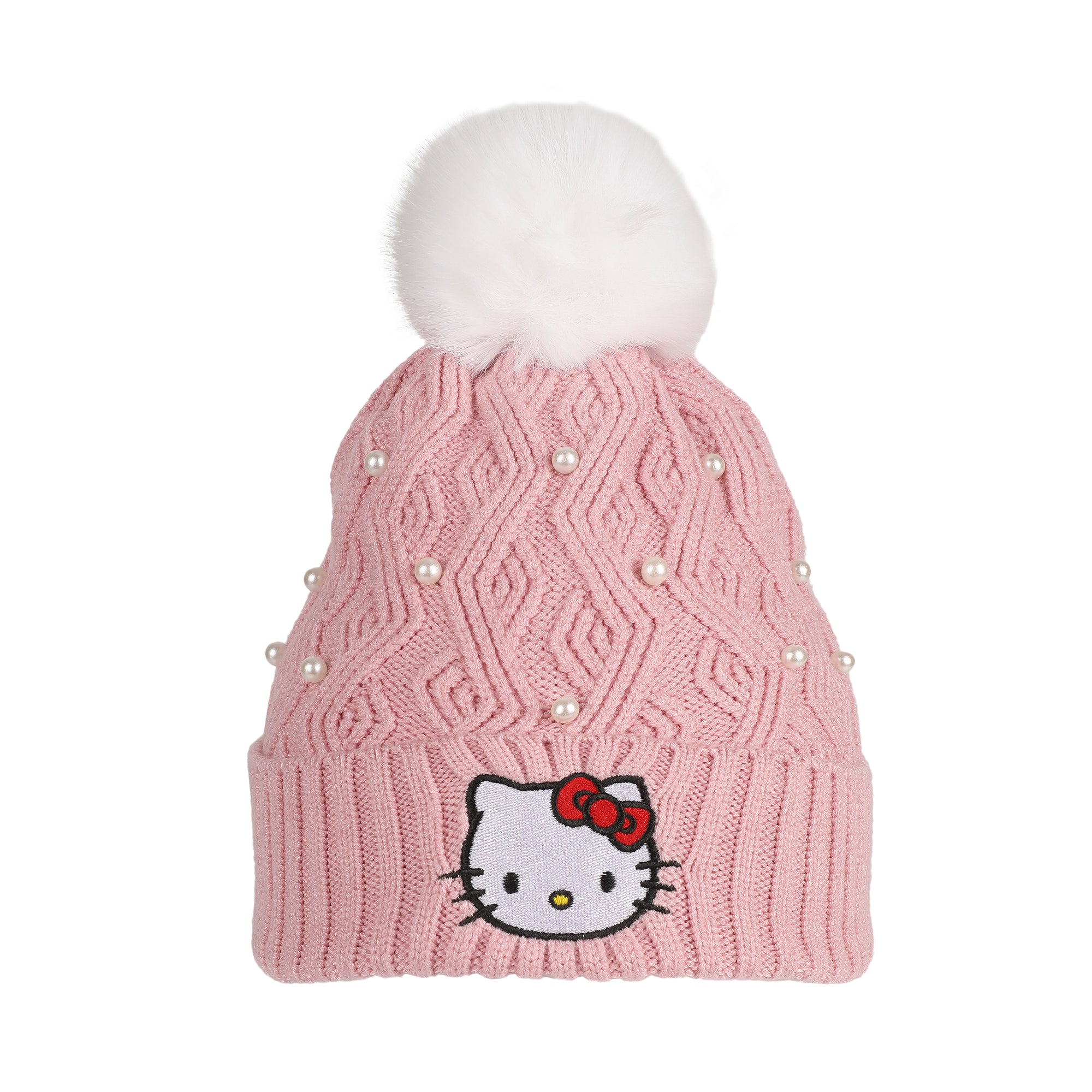 Hello Kitty Pink Knit With Faux Fur Pom Cuff Beanie