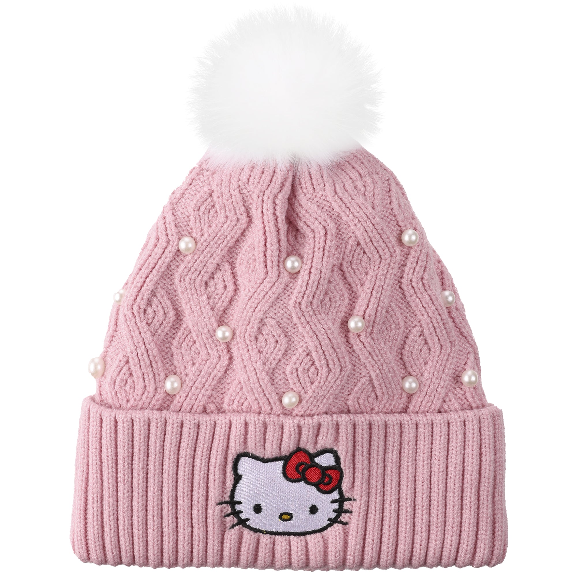 Hello Kitty Pink Knit With Faux Fur Pom Cuff Beanie