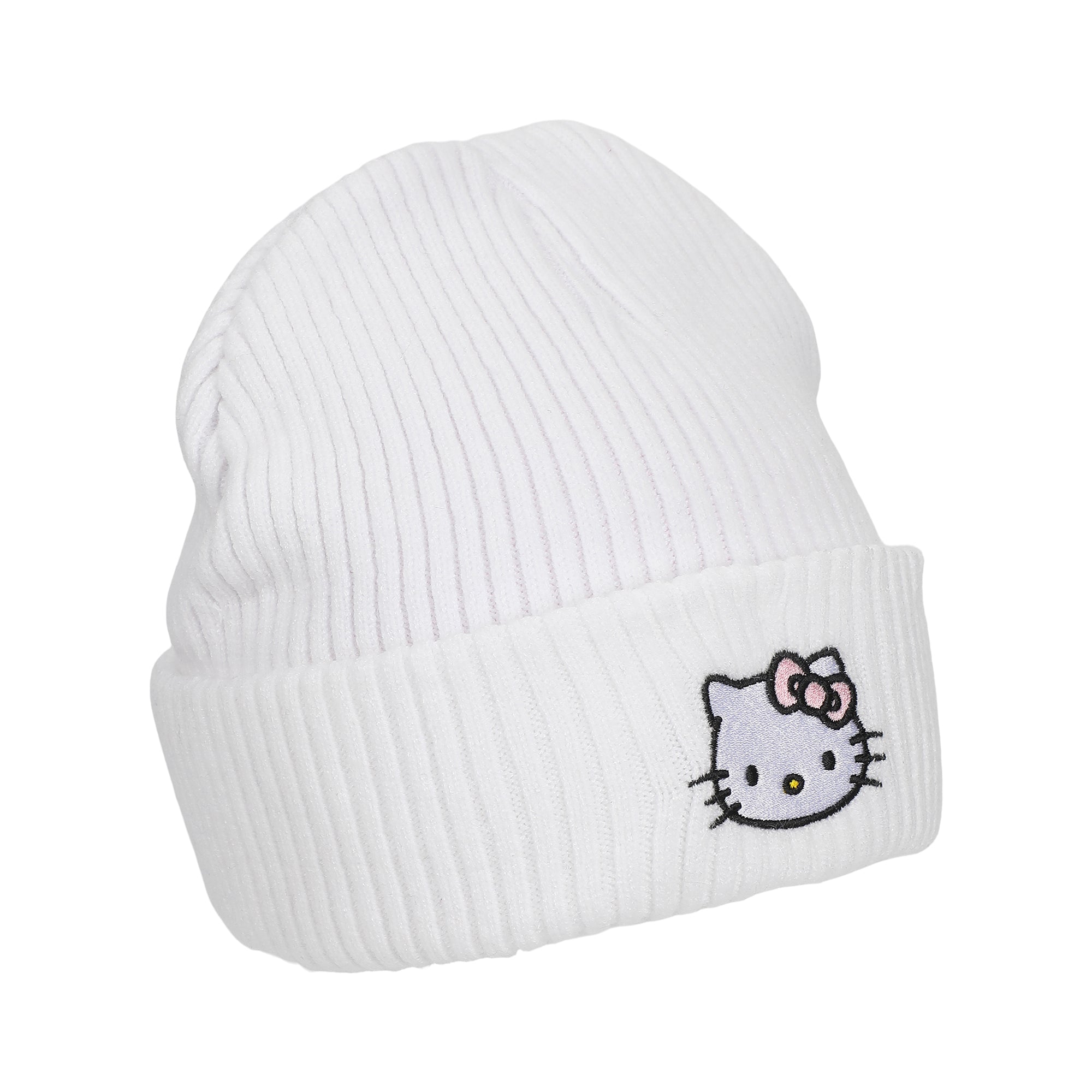 Hello Kitty Ribbed Knit, Embroidered Character On White Cuff Beanie
