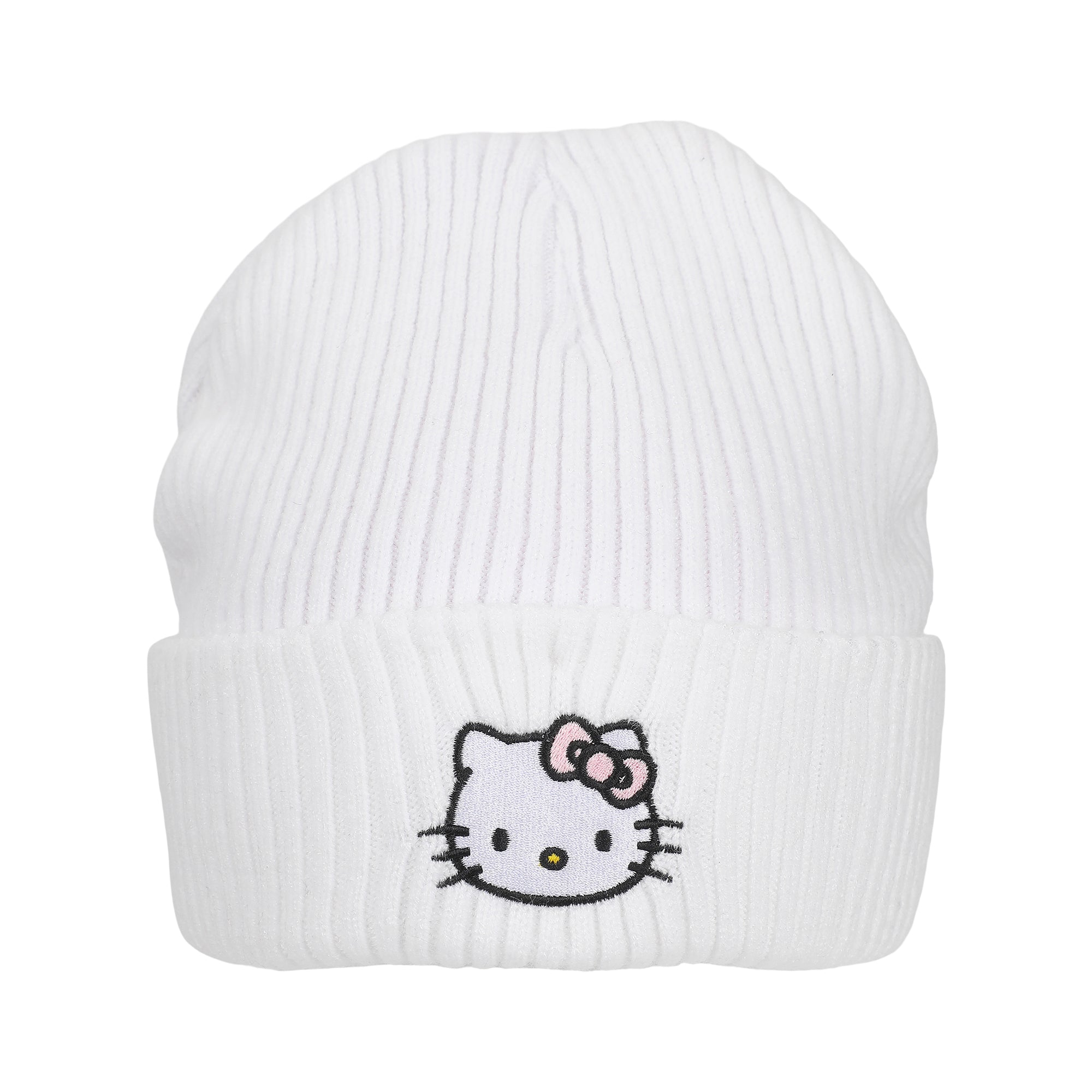 Hello Kitty Ribbed Knit, Embroidered Character On White Cuff Beanie