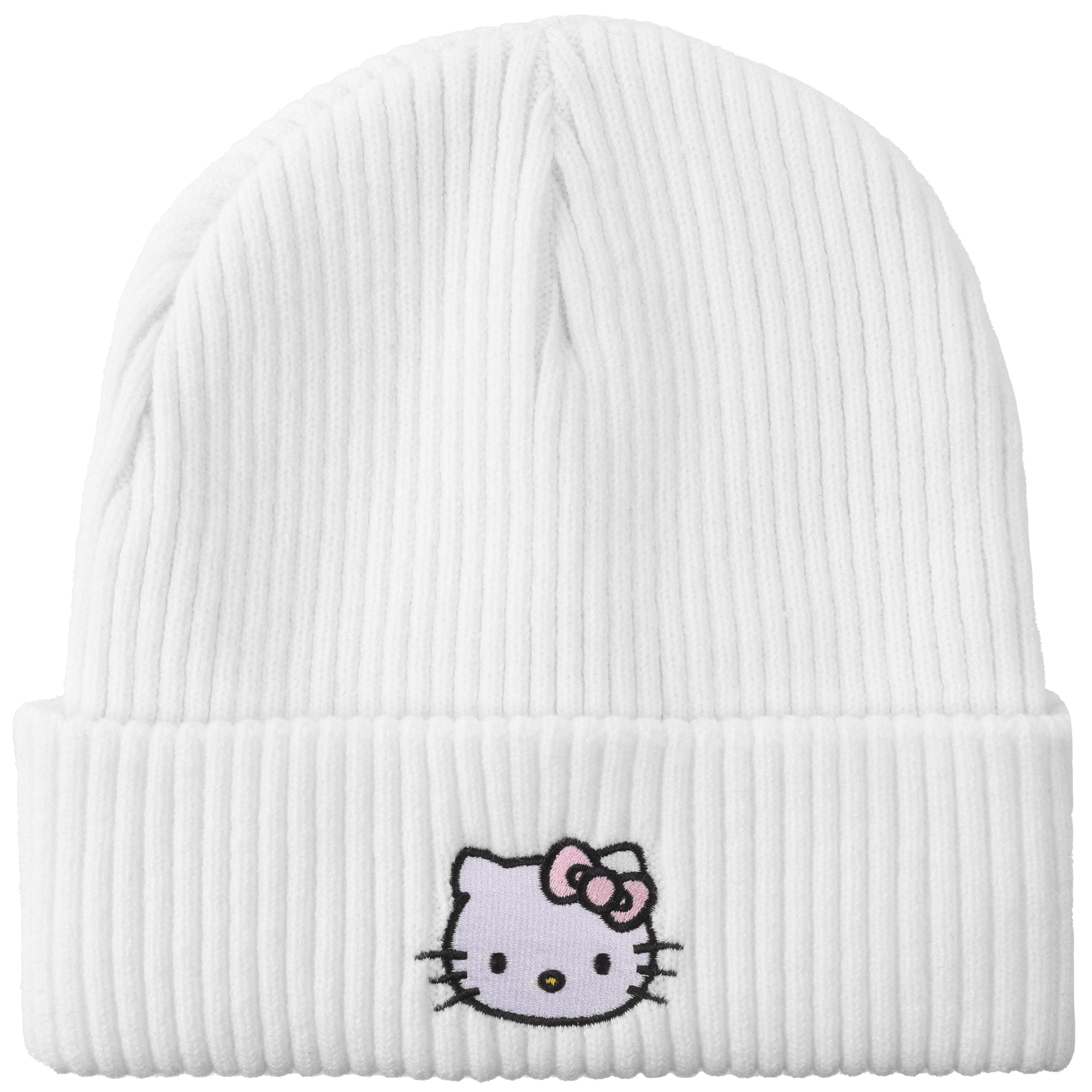 Hello Kitty Ribbed Knit Embroidered Character On White Satin Lined Cuff Beanie