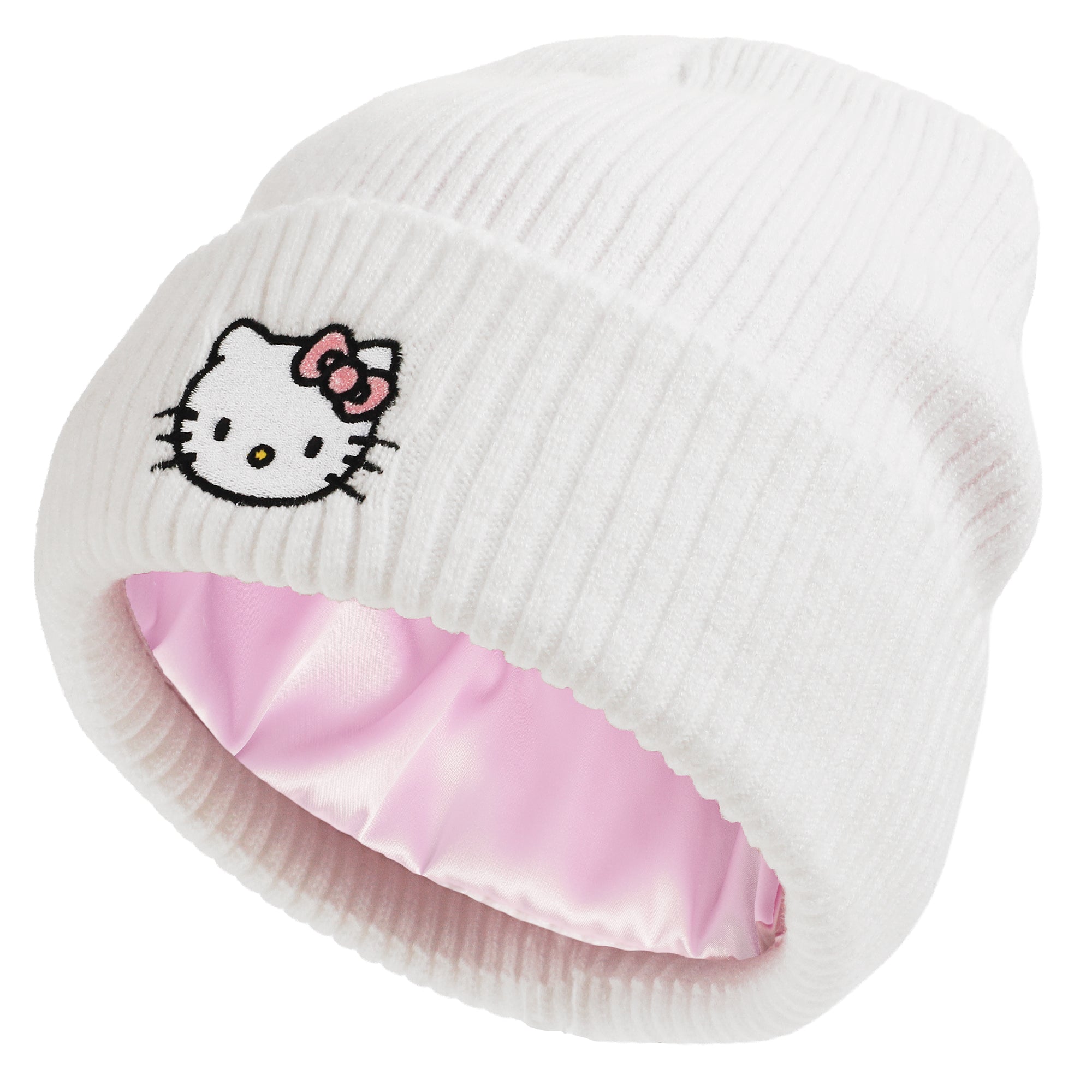 Hello Kitty Ribbed Knit Embroidered Character On White Satin Lined Cuff Beanie