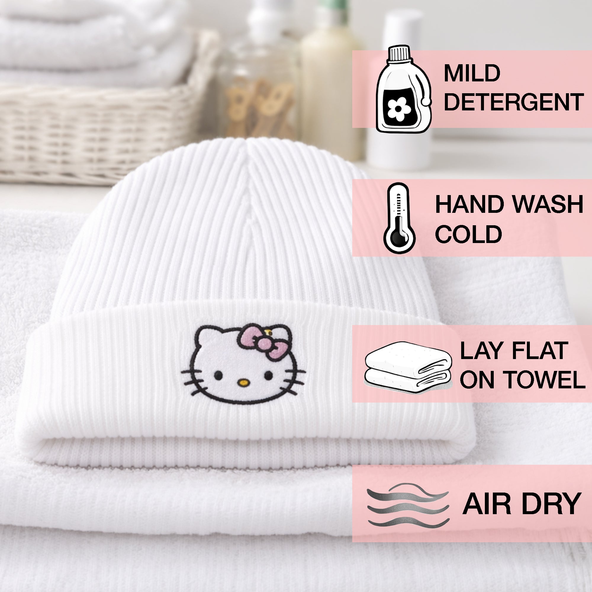 Hello Kitty Ribbed Knit Embroidered Character On White Satin Lined Cuff Beanie