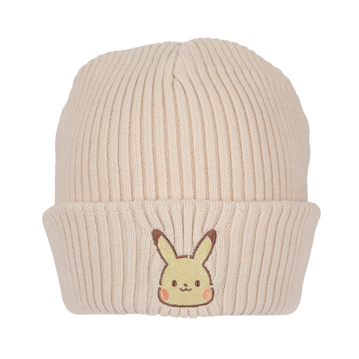 Pokemon Ribbed Knit, Embroidered Pikachu On Natural Cuff Beanie