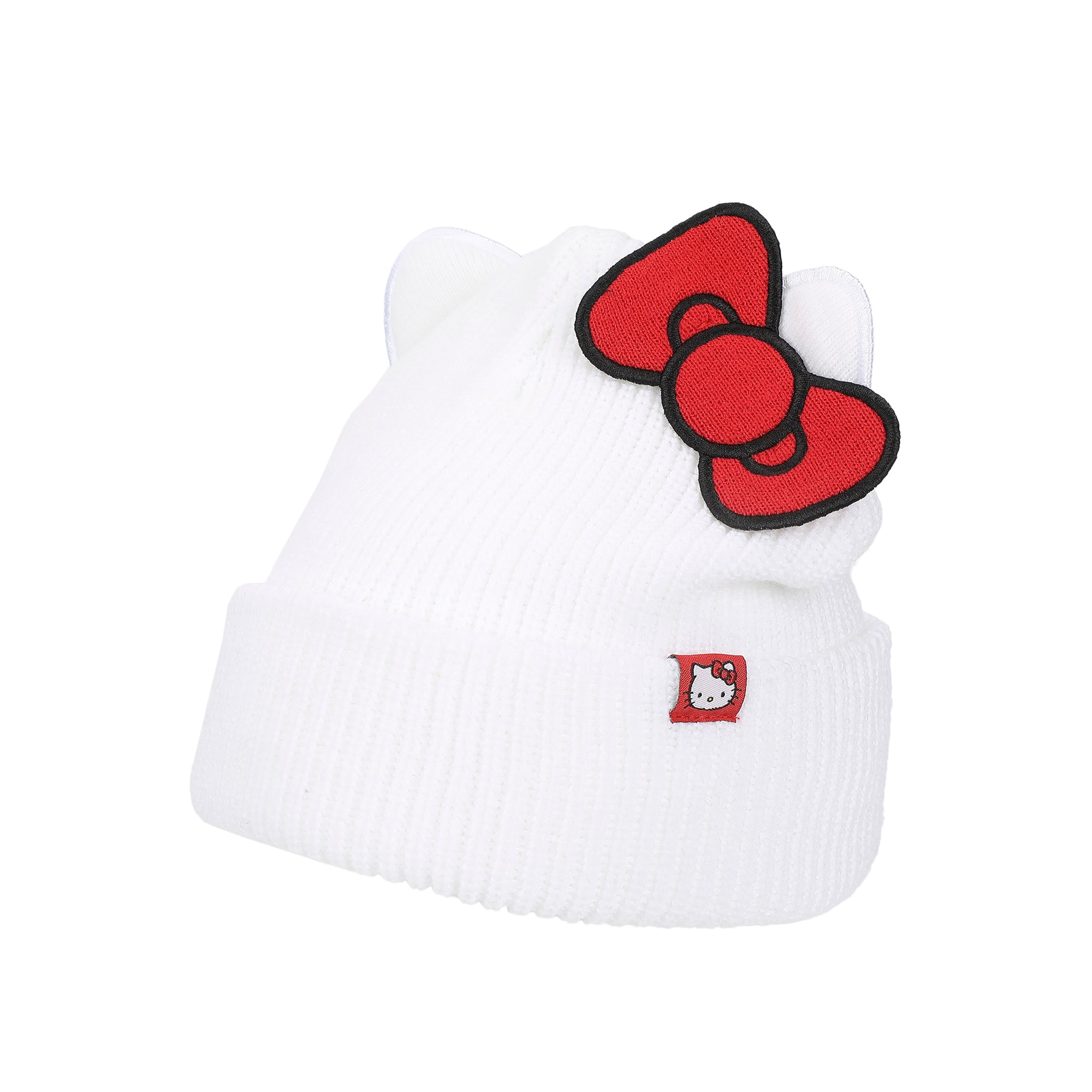 Hello Kitty Novelty Ear White Acrylic Beanie With Cut Fabric Bow With Embroidery And Red Woven Label Cuff Beanie