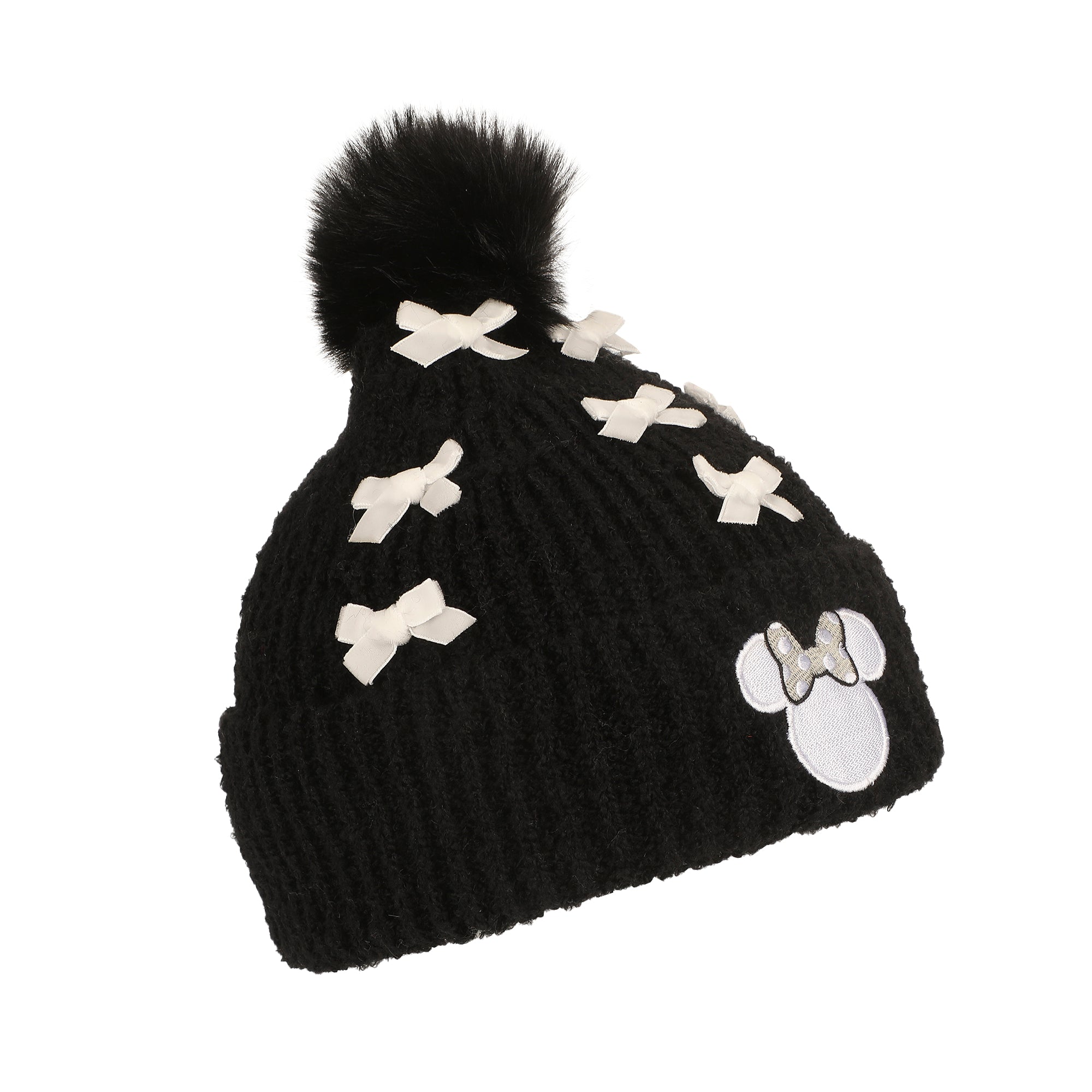 Disney Minnie Mouse Character Ears & Bow Appliques Black Cuff Beanie