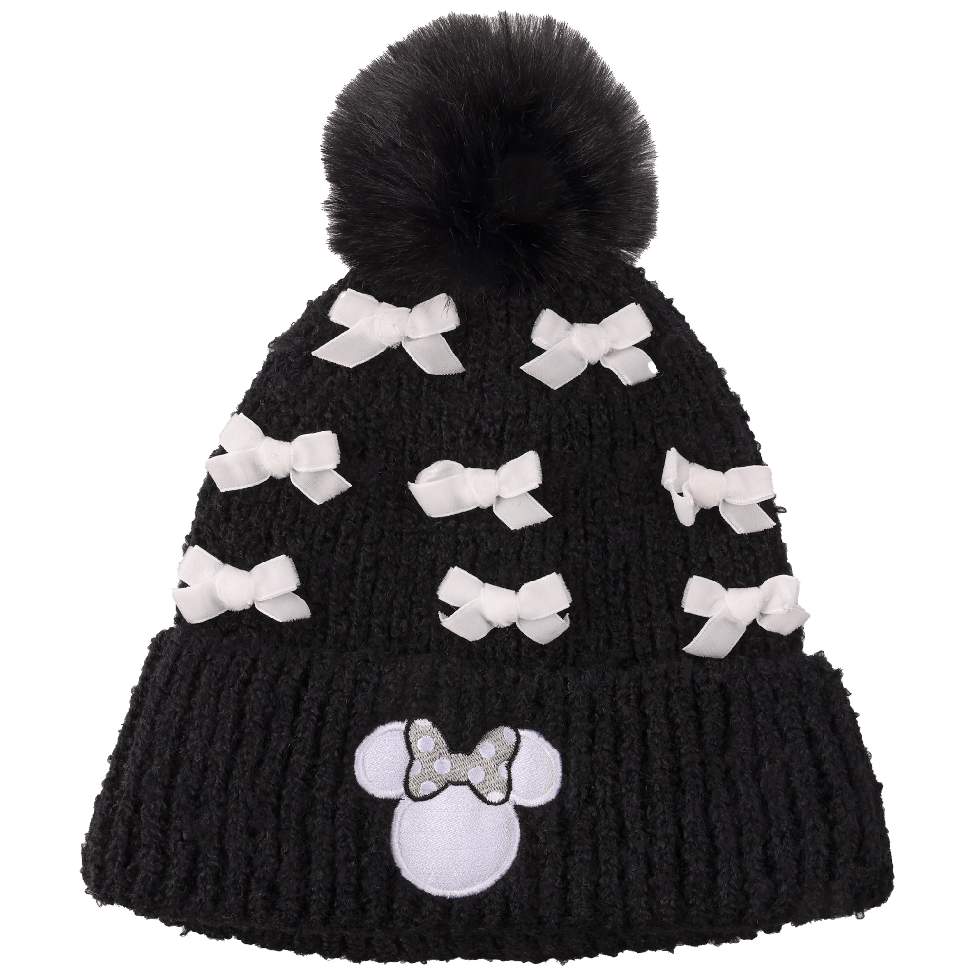 Disney Minnie Mouse Character Ears & Bow Appliques Black Cuff Beanie
