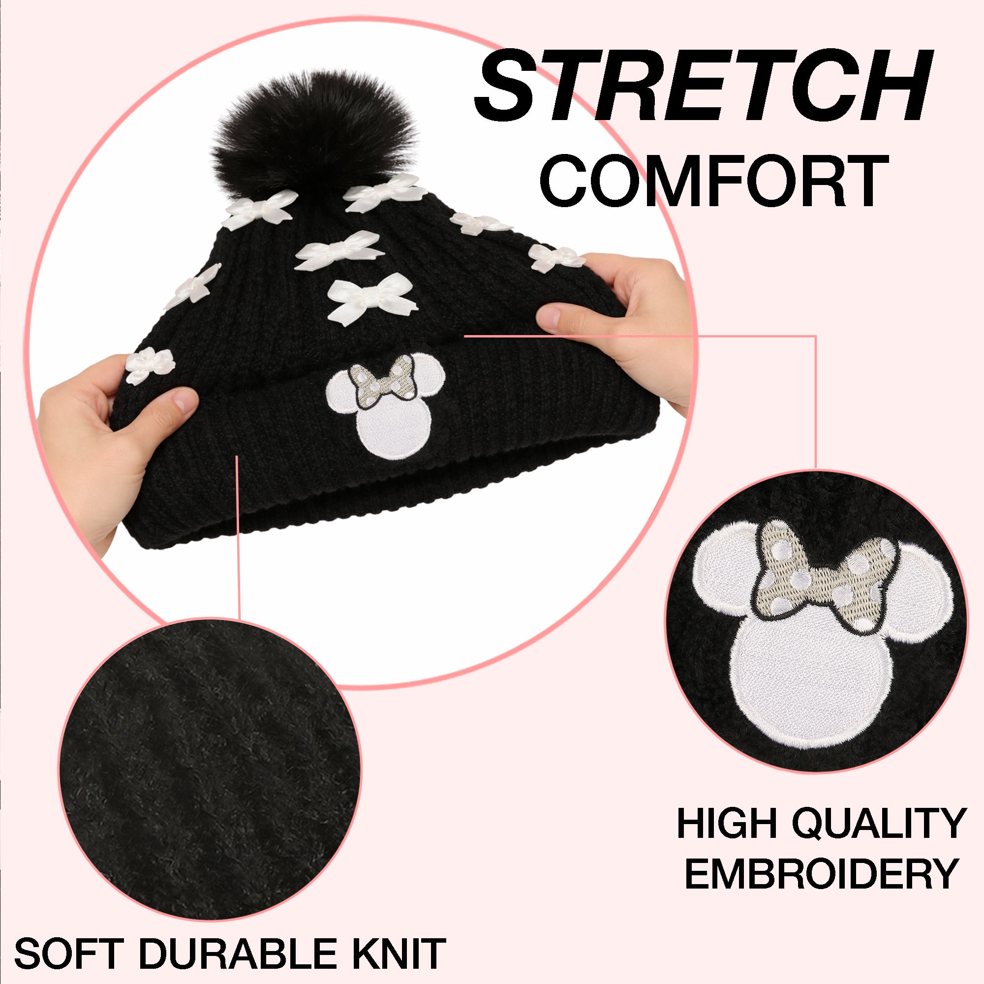 Disney Minnie Mouse Character Ears & Bow Appliques Black Cuff Beanie