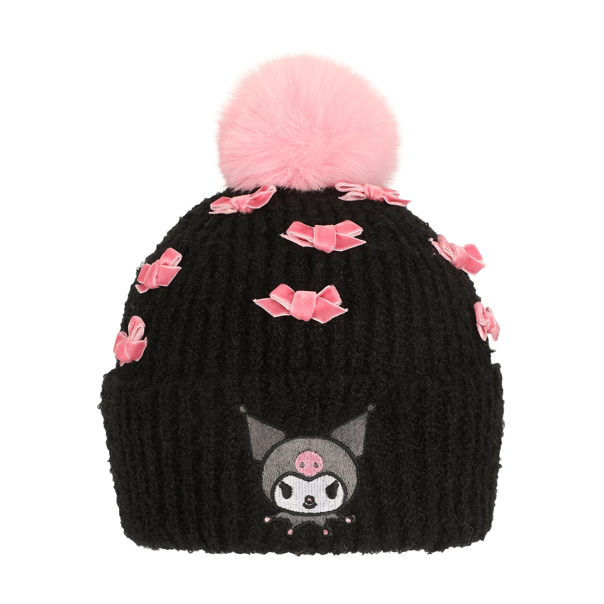 Kuromi Pearls Adult Black Cuffed Knit Beanie With Pink Pom