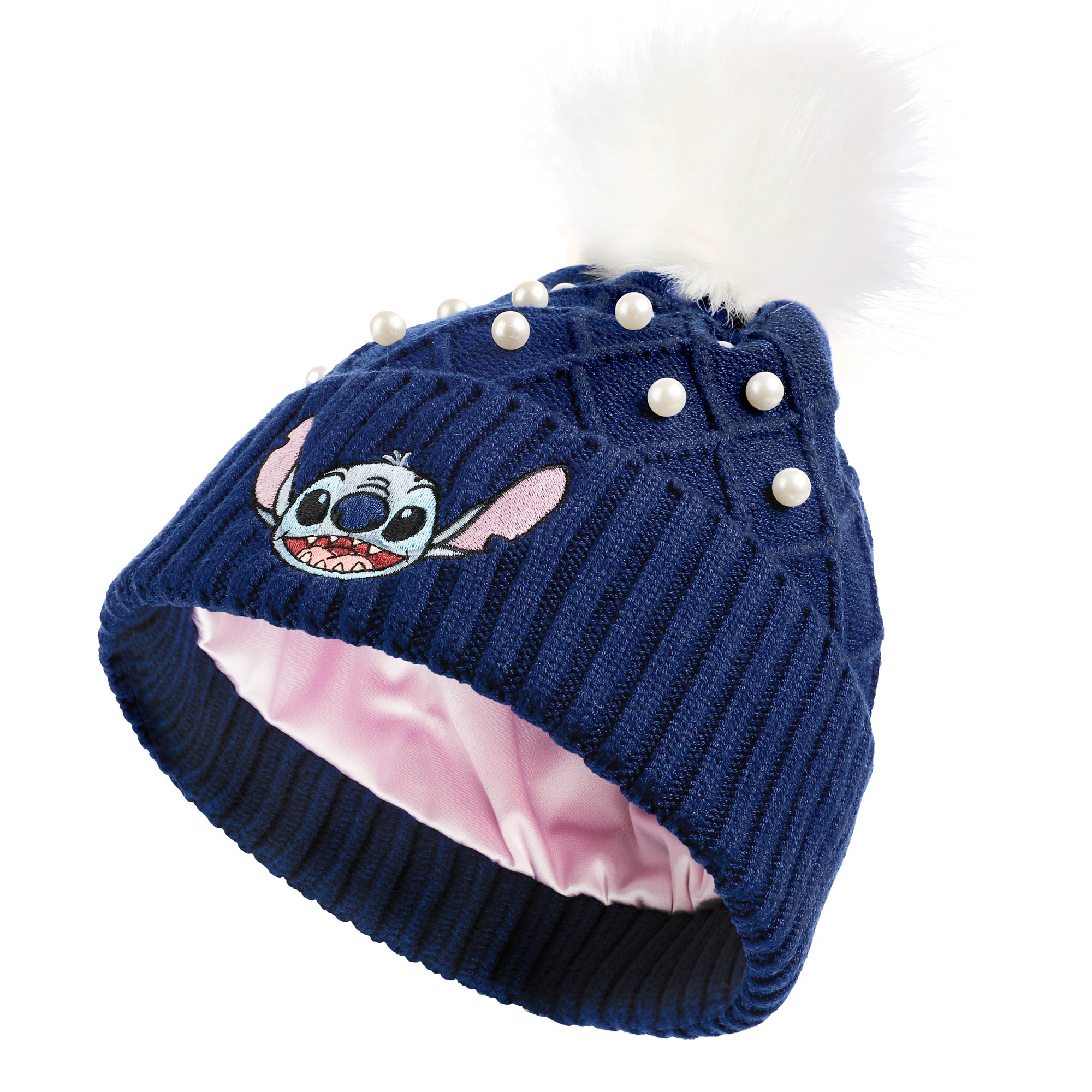 Disney Stitch Character Face & Pearl Appliques Blue Cuff Beanie