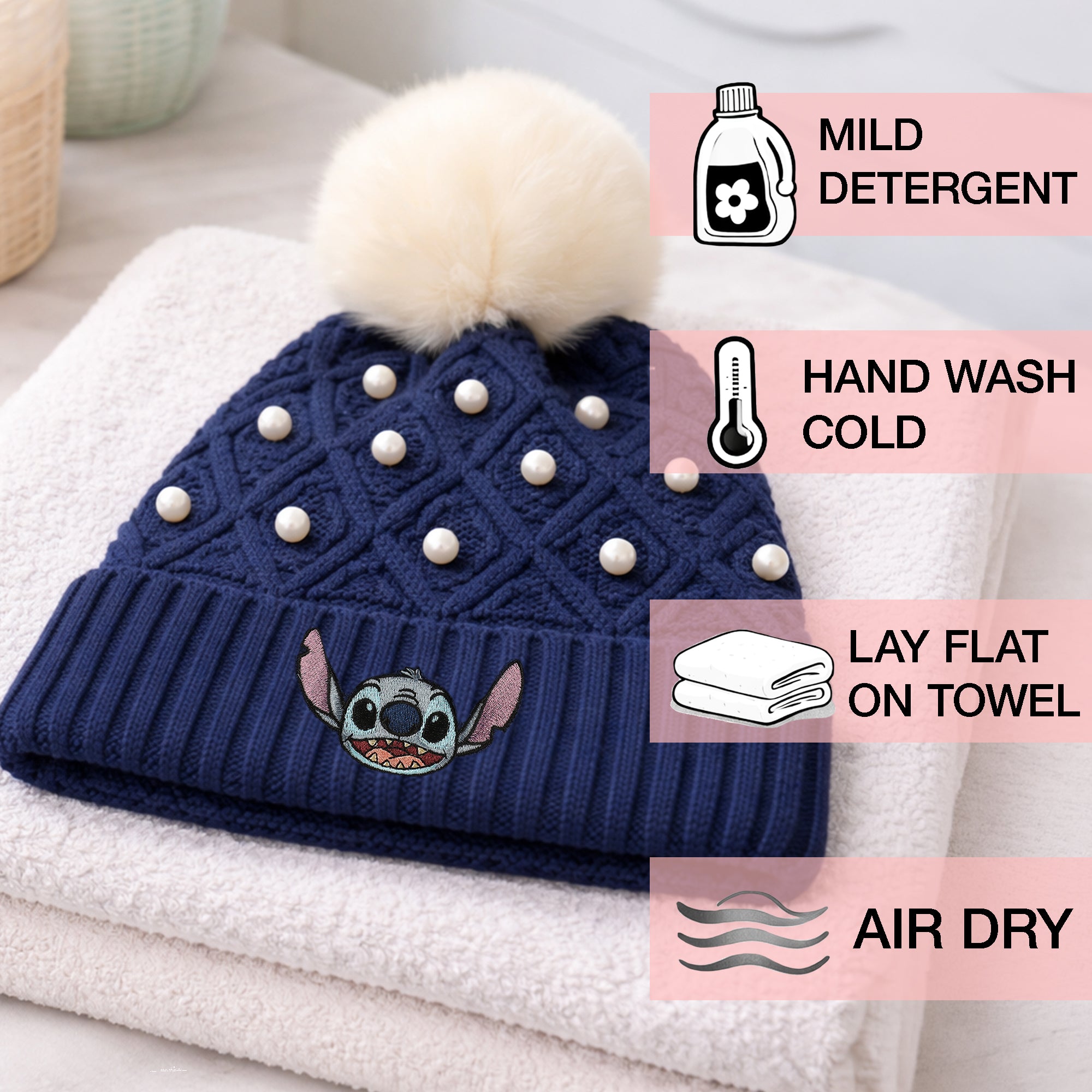 Disney Stitch Character Face & Pearl Appliques Blue Cuff Beanie