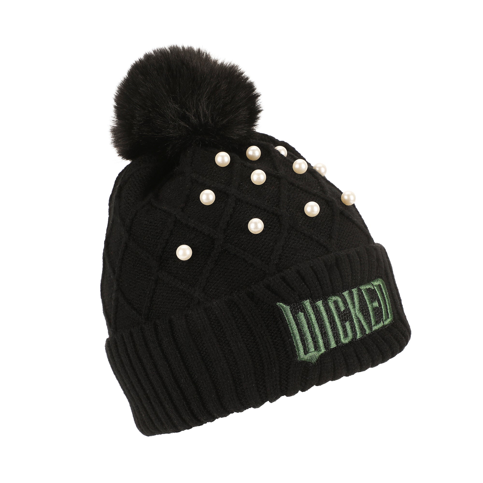 Wicked Logo & Pearl Appliques Black Cuff Beanie