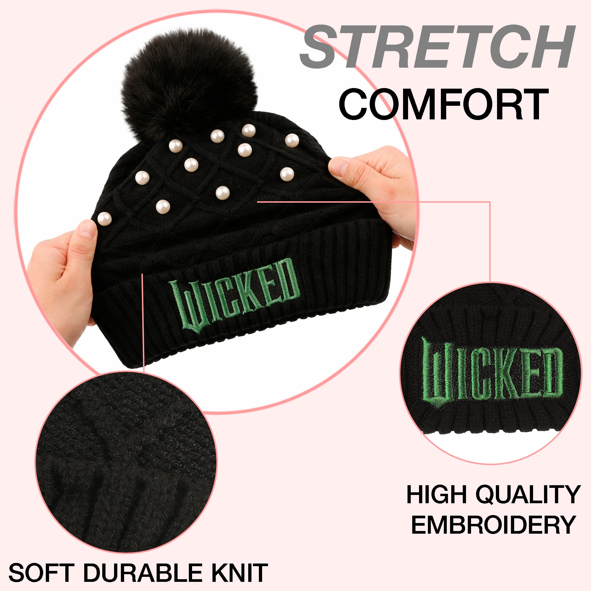 Wicked Logo & Pearl Appliques Black Cuff Beanie