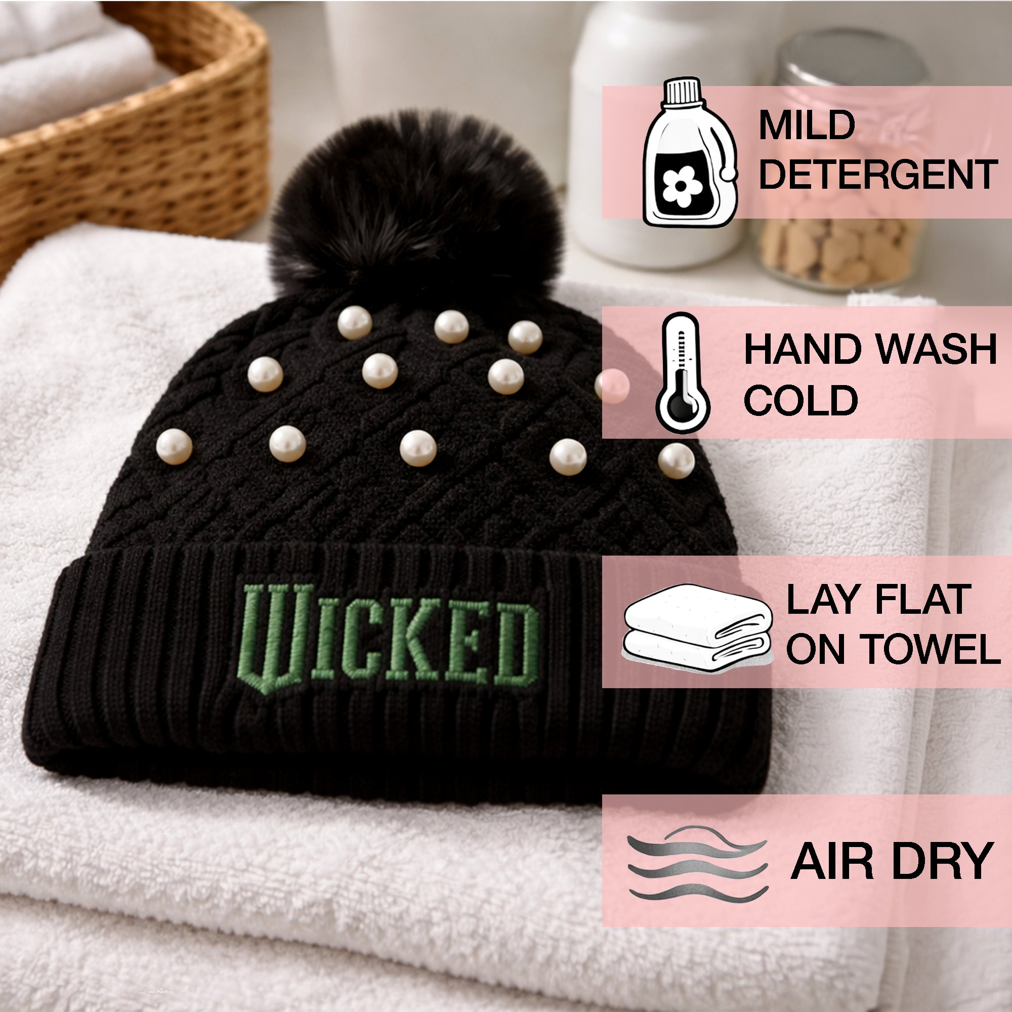 Wicked Logo & Pearl Appliques Black Cuff Beanie