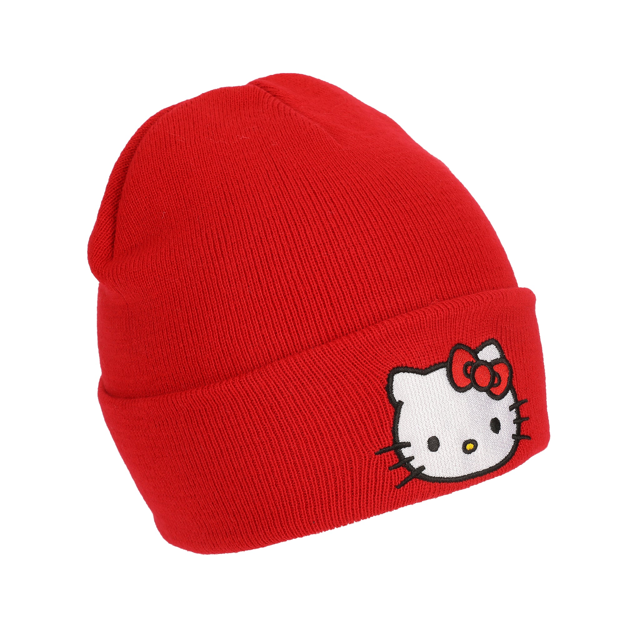 Hello Kitty Embroidered Character Face Red Cuff Beanie