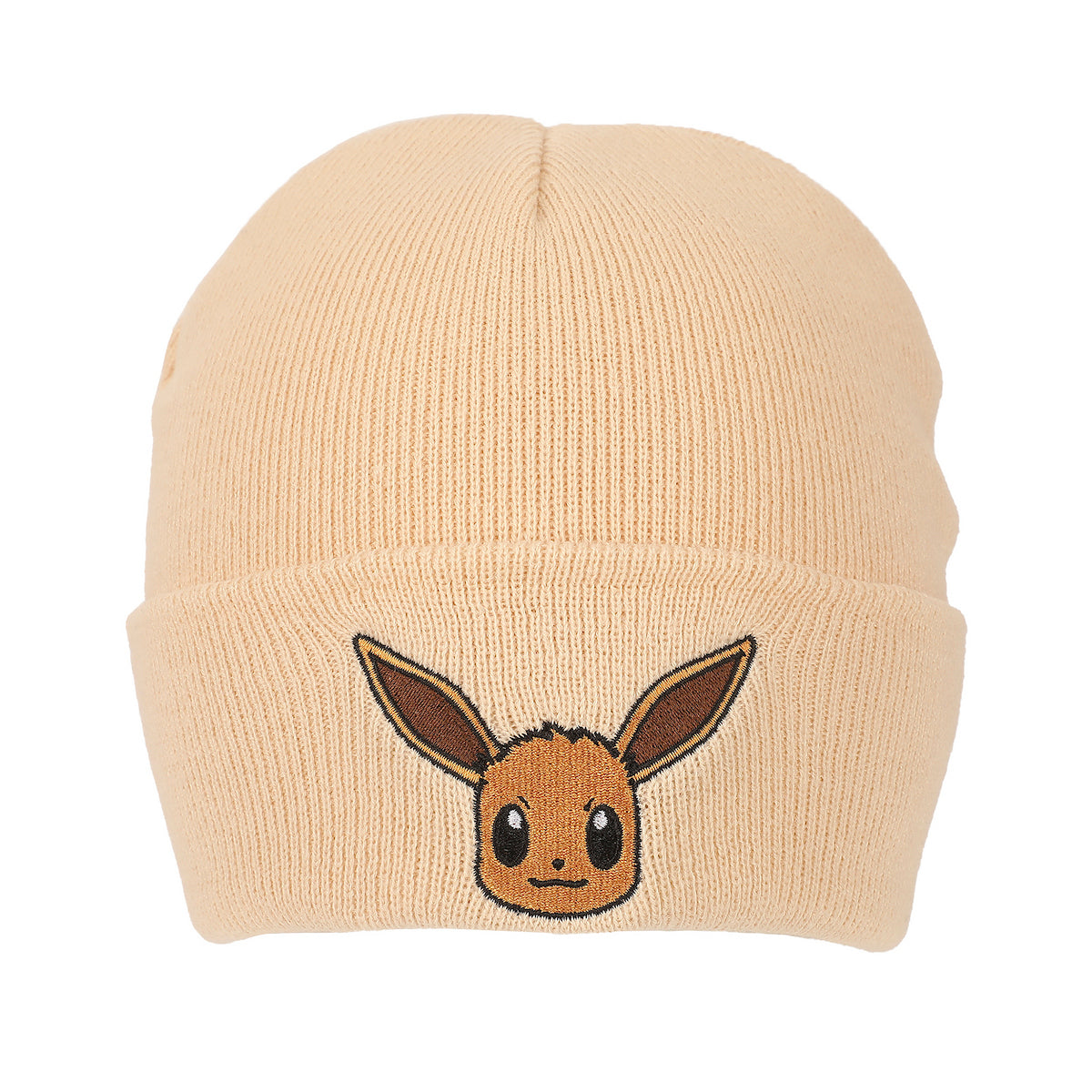 Pokemon Rib Knit, Embroidered Eevee On Tan Cuff Beanie