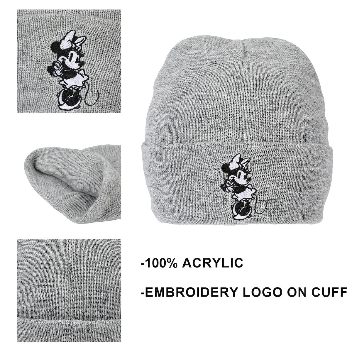 Disney's Minnie Mouse Classic Adult Gray Cuffed Knit Beanie