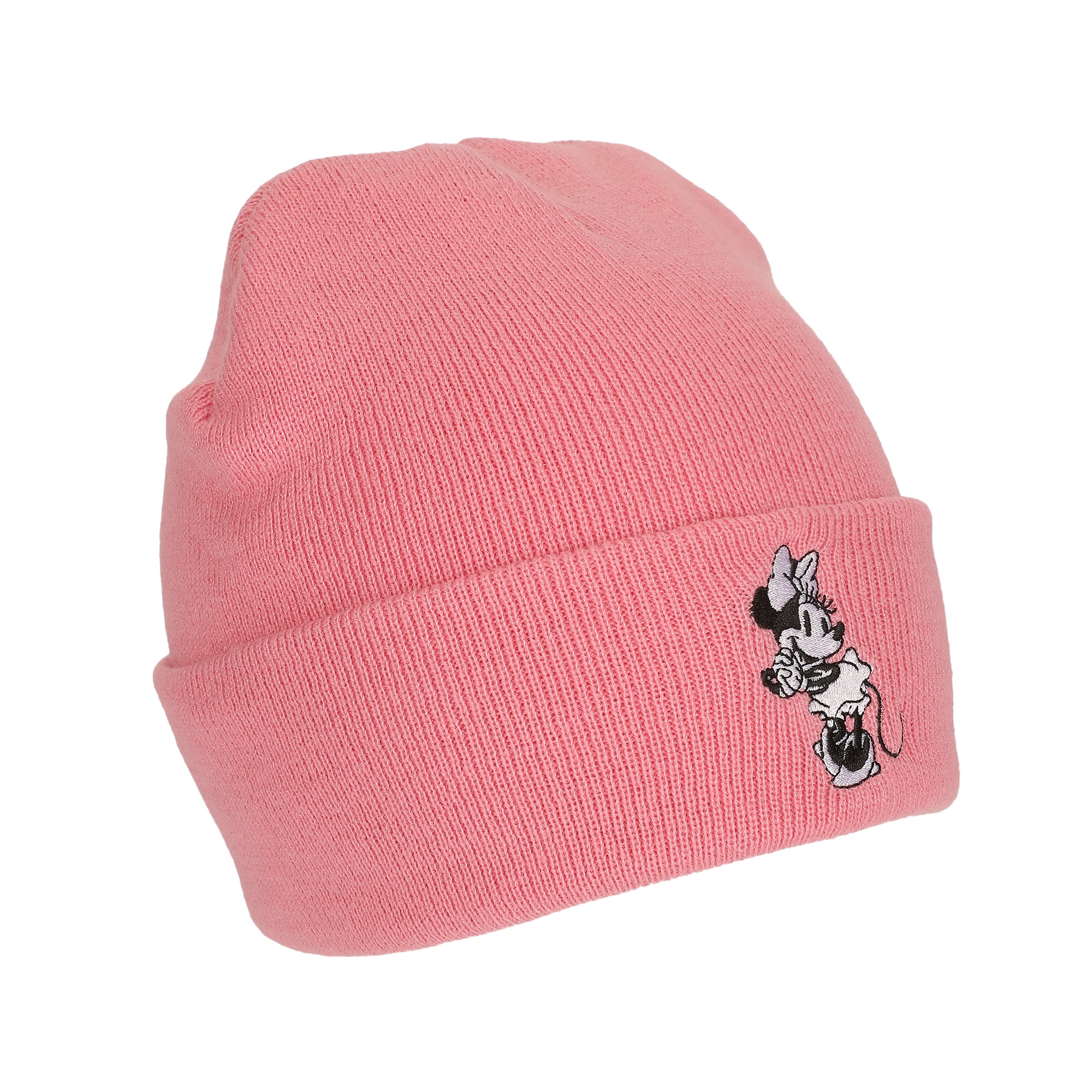 Minnie Mouse Embroidred Black & White Character On Pink Cuff Beanie