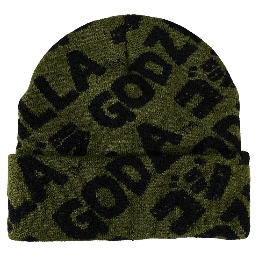 Godzilla Olive and Black Logo AOP Magic Jacquard Embroidered Beanie Hat for Men