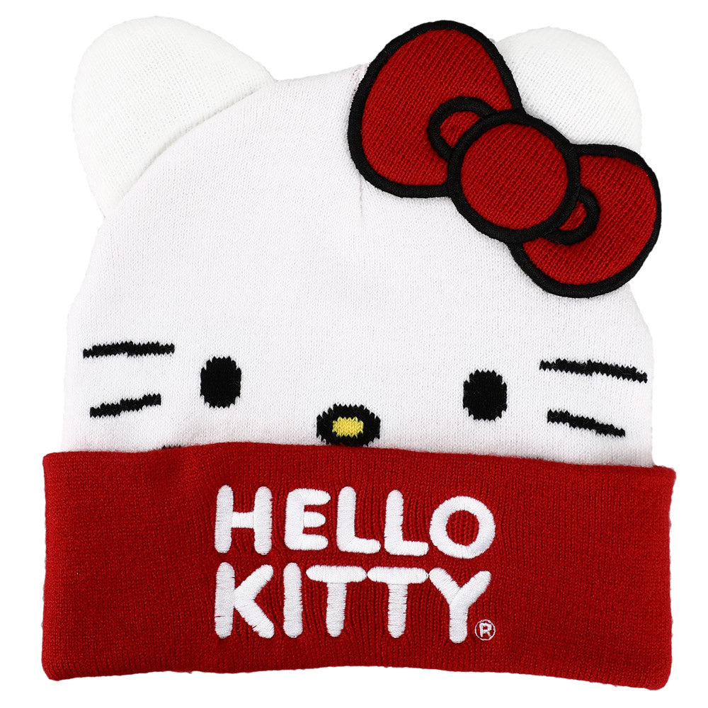 Sanrio Hello Kitty Big Face Bow Embroidered Beanie Hat for Adults