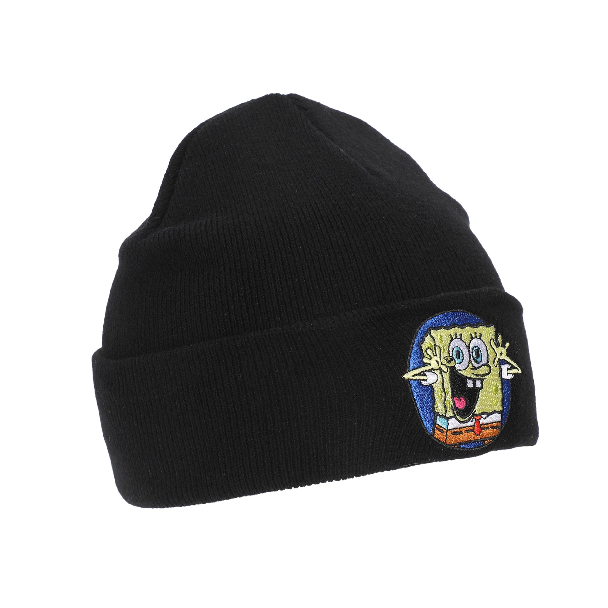 Spongebob Square Pants Embroidered Circle Character Patch On Black Cuff Beanie