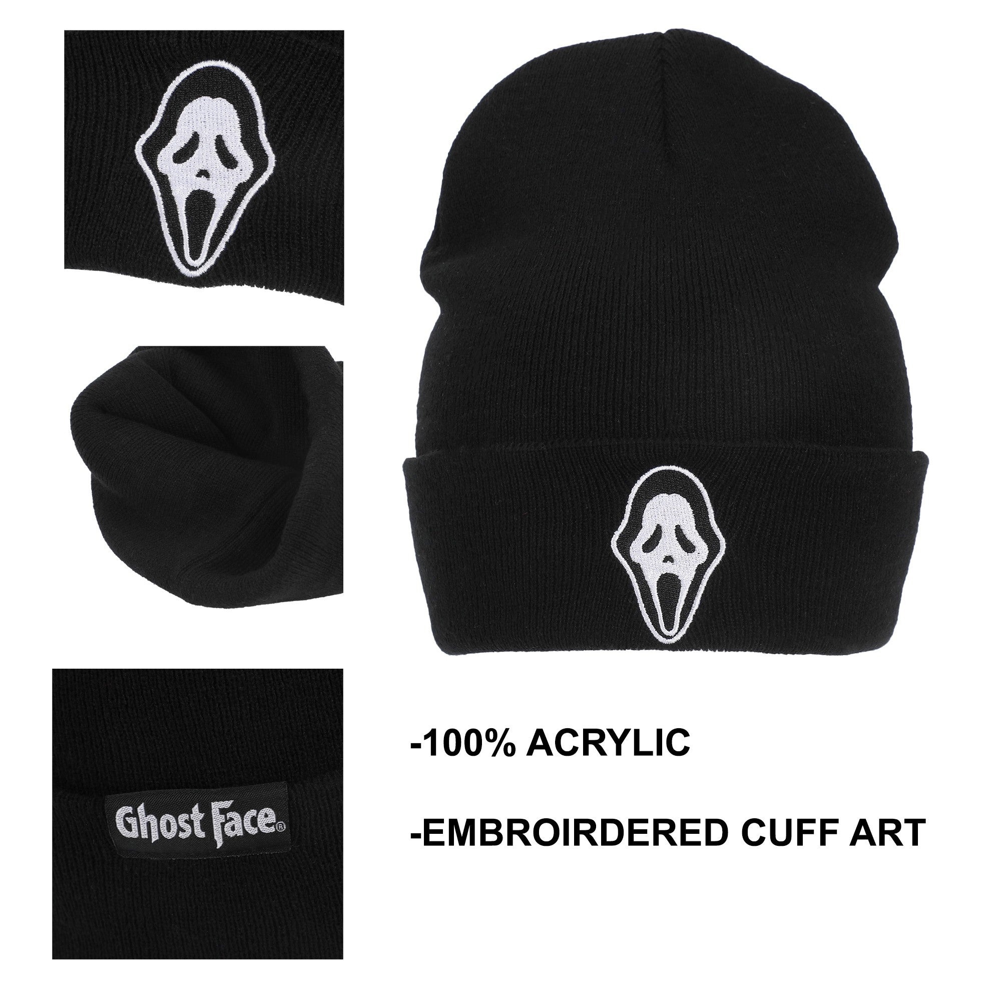 Ghostface Embroidered Face Logo On Black Cuff Beanie