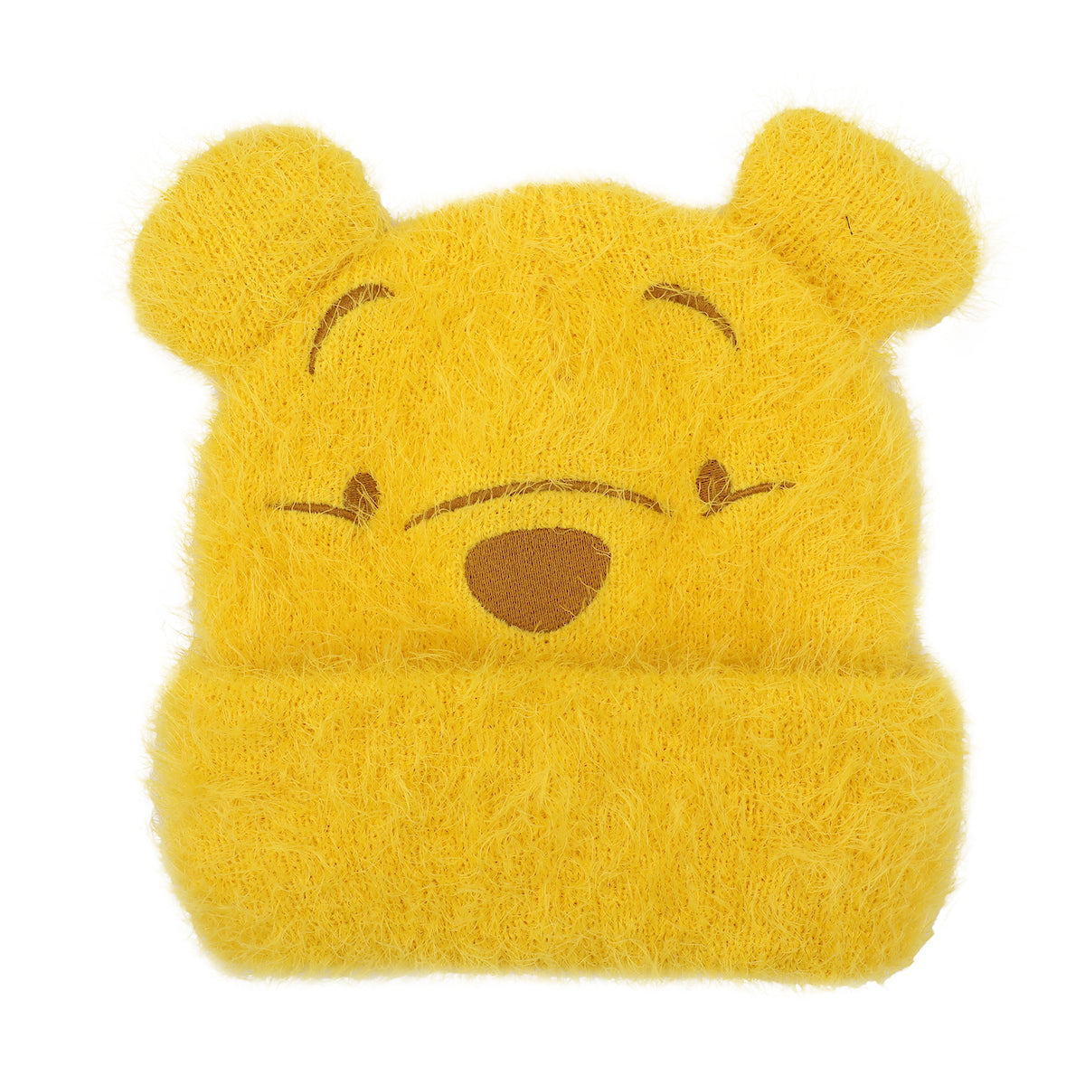 Winnie The Pooh Character Face Yellow Fuzzy Yarn Cuff Beanie With 3D Ears