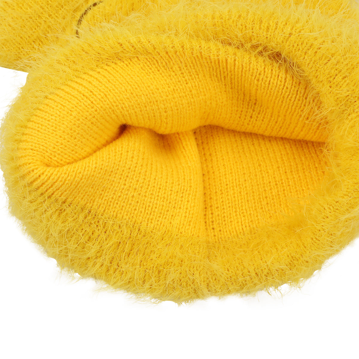 Winnie The Pooh Character Face Yellow Fuzzy Yarn Cuff Beanie With 3D Ears