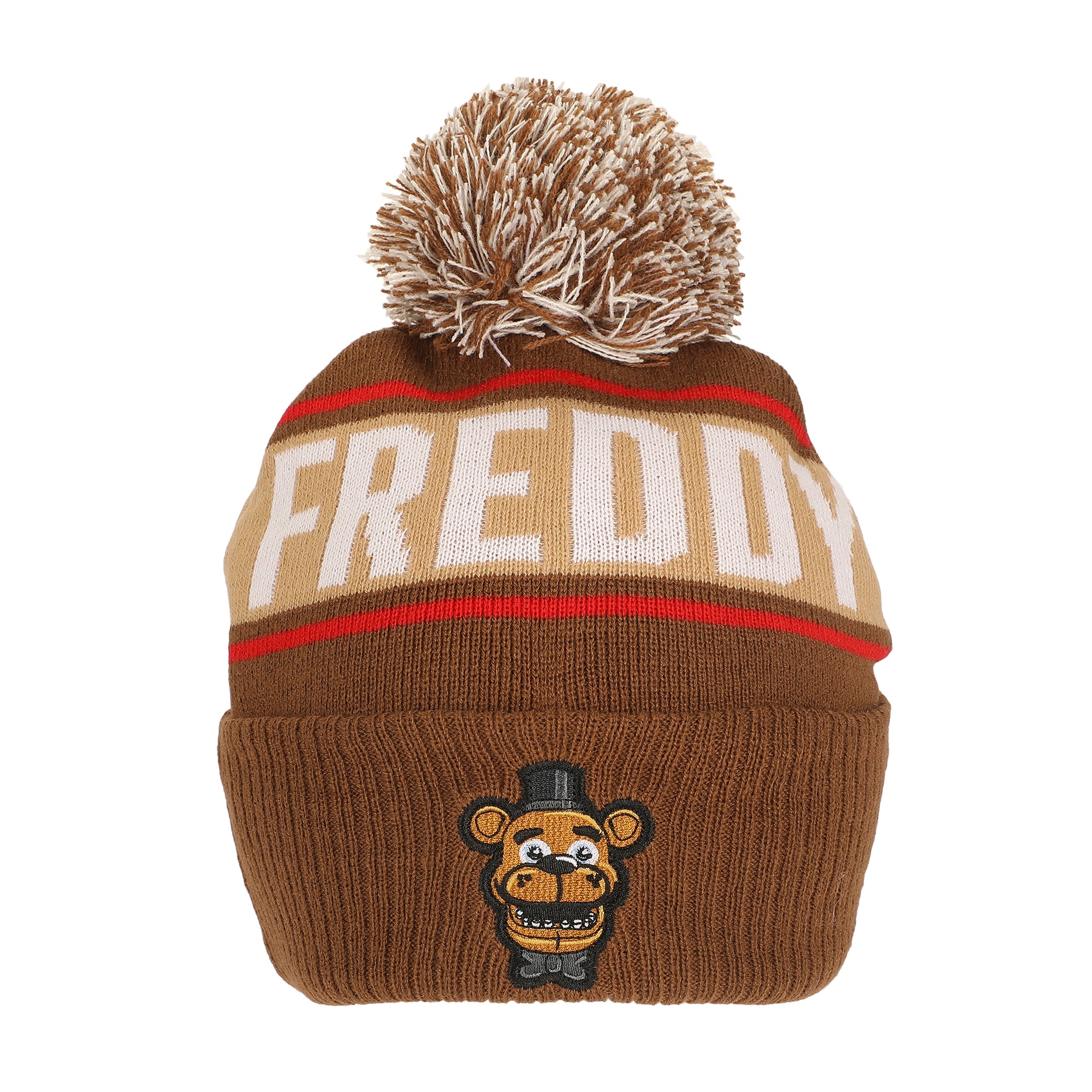 Five Nights At Freddy's Freddy Fazbear Fuzzy Jaquard And Freddy Embroidery Knit Cuff Beanie With Pom Cuff Beanie