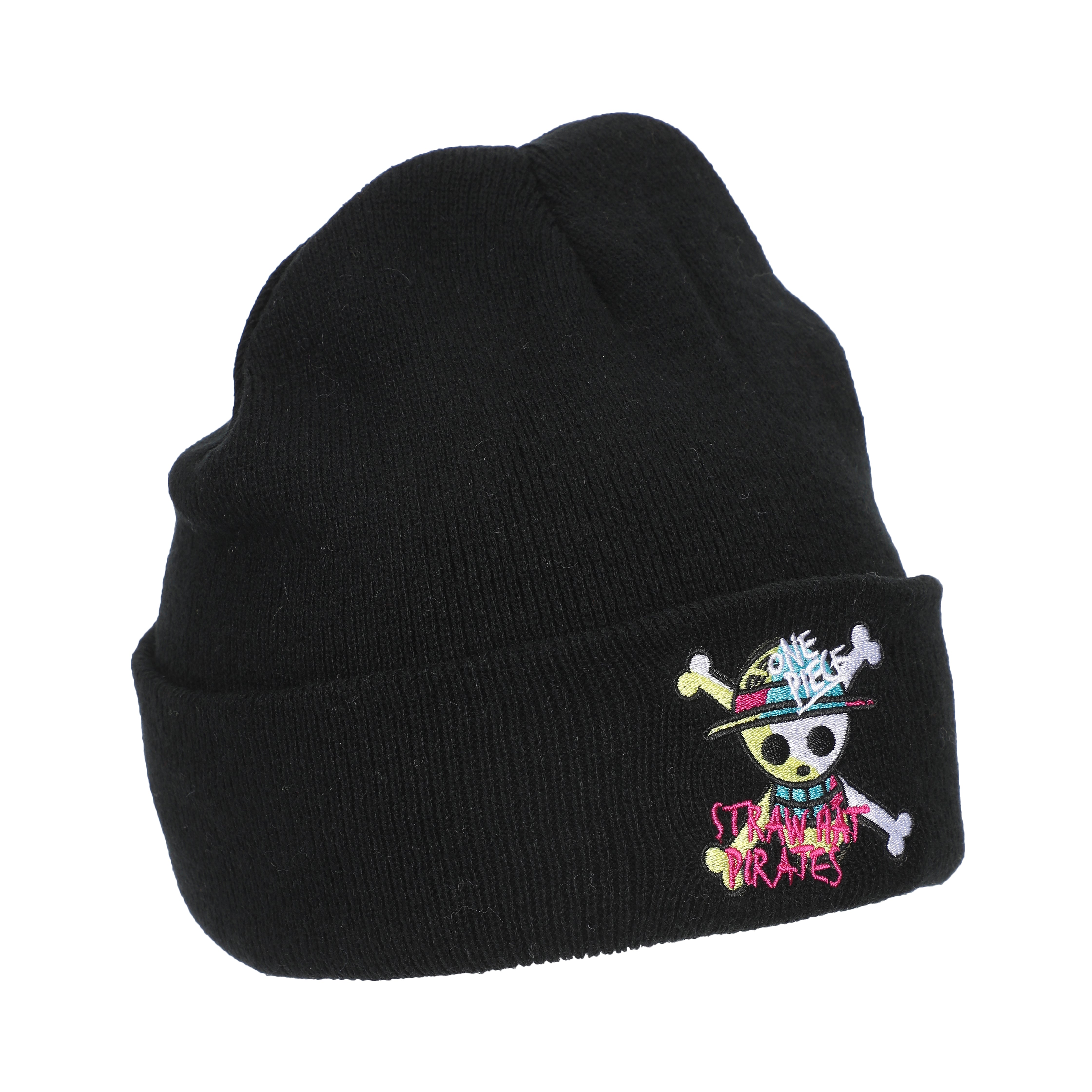 One Piece (Animated) Jolly Roger Pirate Cuff Embroidery On Ribbed Black Acrylic Knit Cuff Beanie
